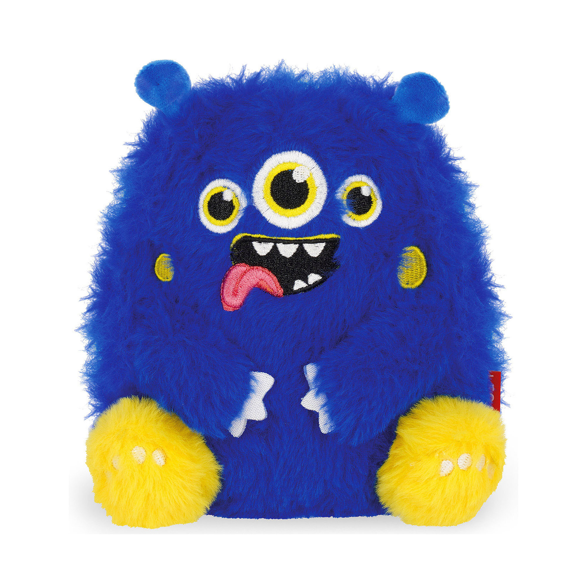 Blaues Monster-Plüschtier, frontal auf weißem Hintergrund dargestellt.