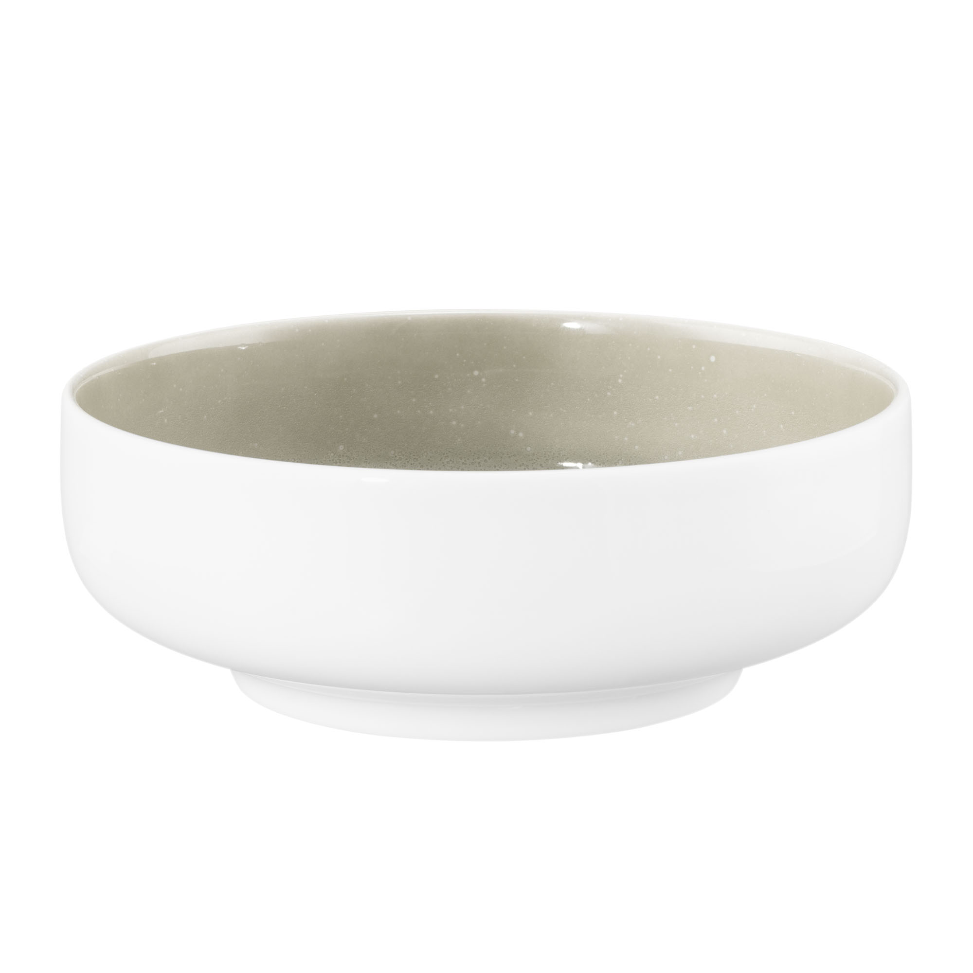 Schale in Weiß und Grau-Beige; flache Form mit weißer Außenseite und gesprenkeltem Innenraum. Ansicht: schräge Ansicht von vorn.