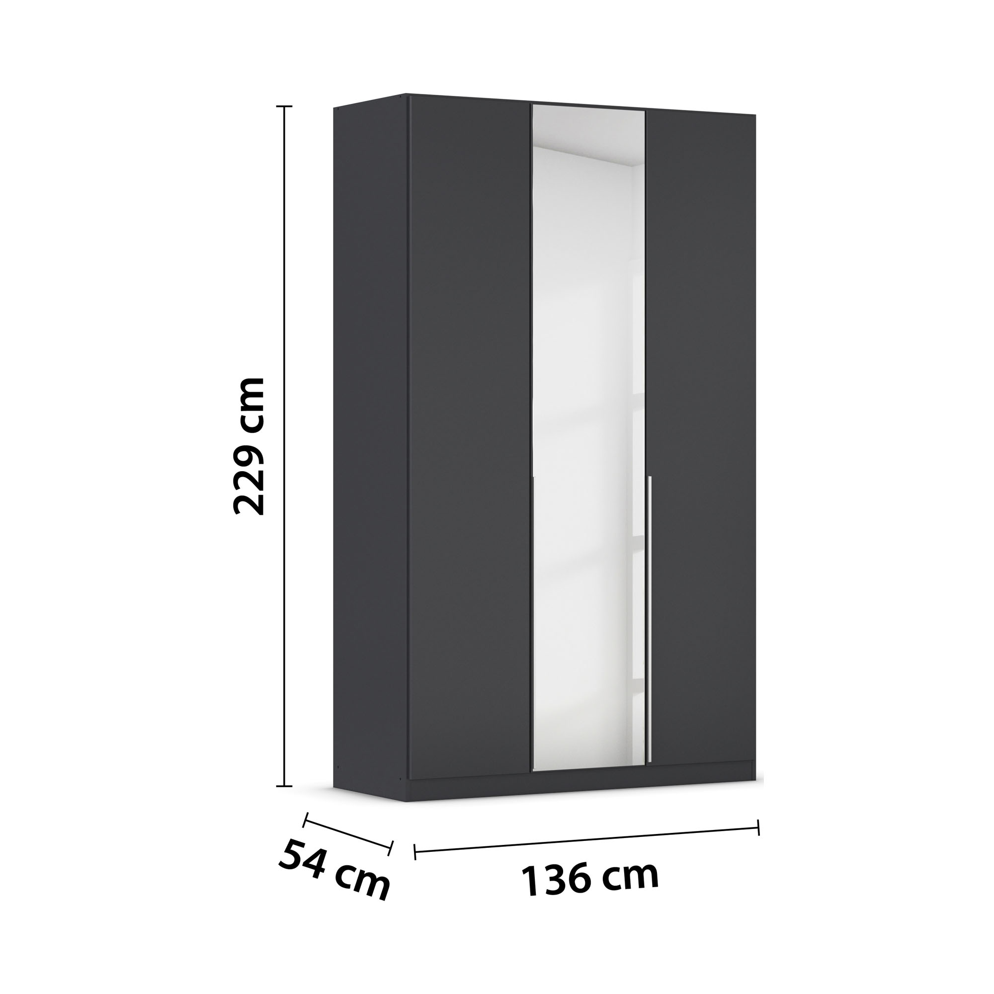 Grau-Metallicer Kleiderschrank mit Spiegeltür und eingezeichneten Maßen von 229 cm Höhe, 136 cm Breite und 54 cm Tiefe