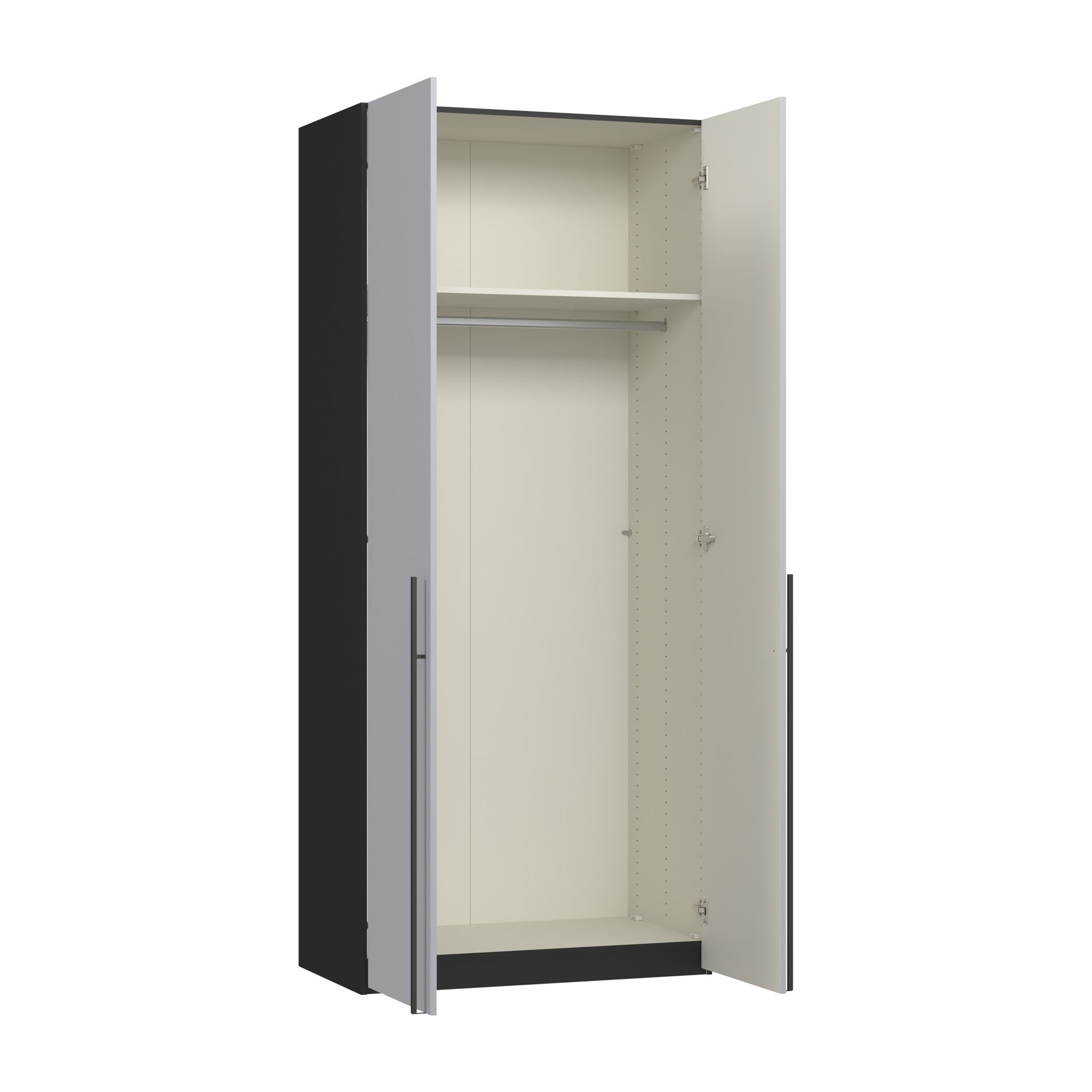 Geöffneter zweitüriger Kleiderschrank mit Kleiderstange und oberem Einlegeboden