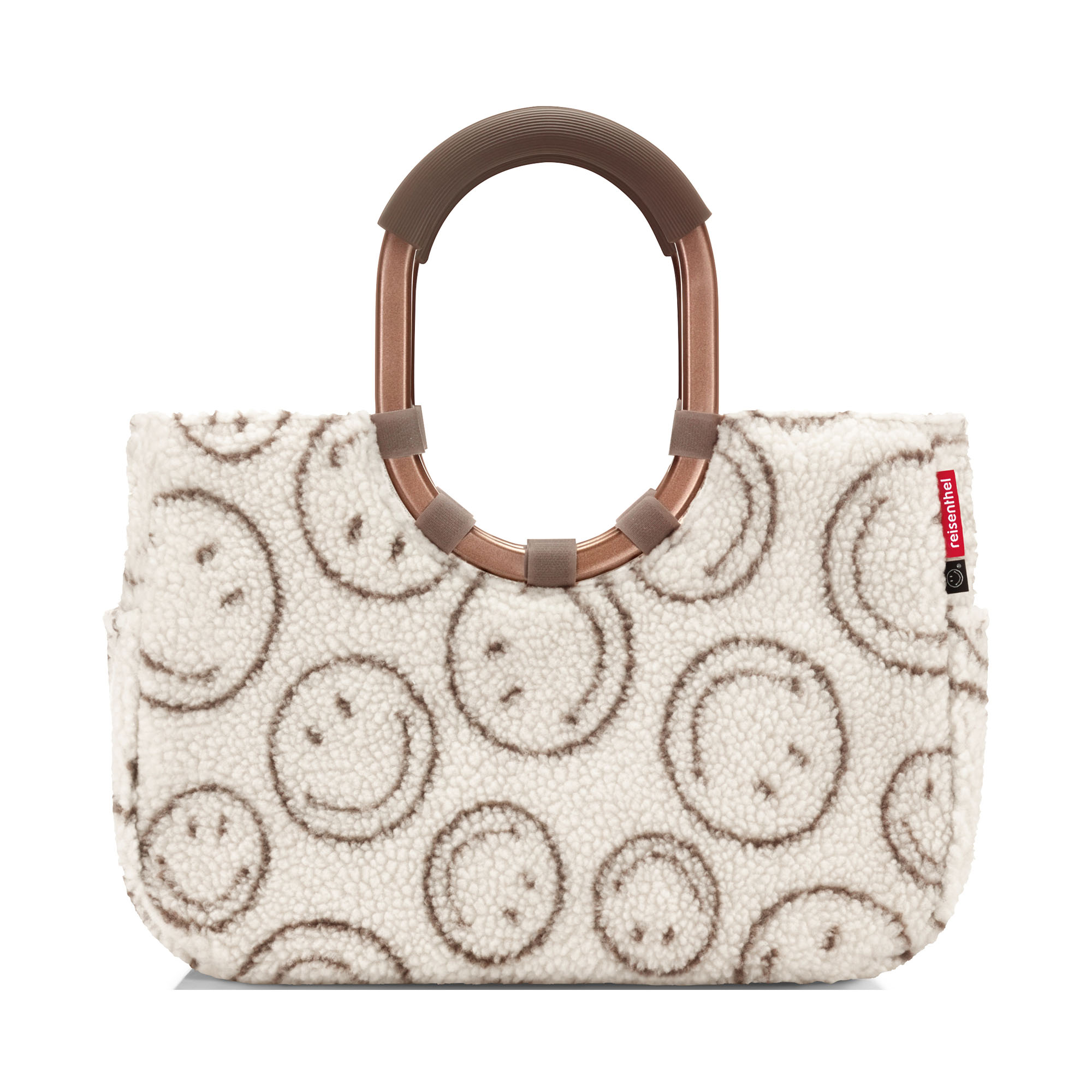 Shopper mit Ringgriffen von Reisenthel, Modell Loopshopper M, in Creme und Braun mit Smiley-Muster aus Teddyfleece, von hinten mit ovalen Ringgriffen