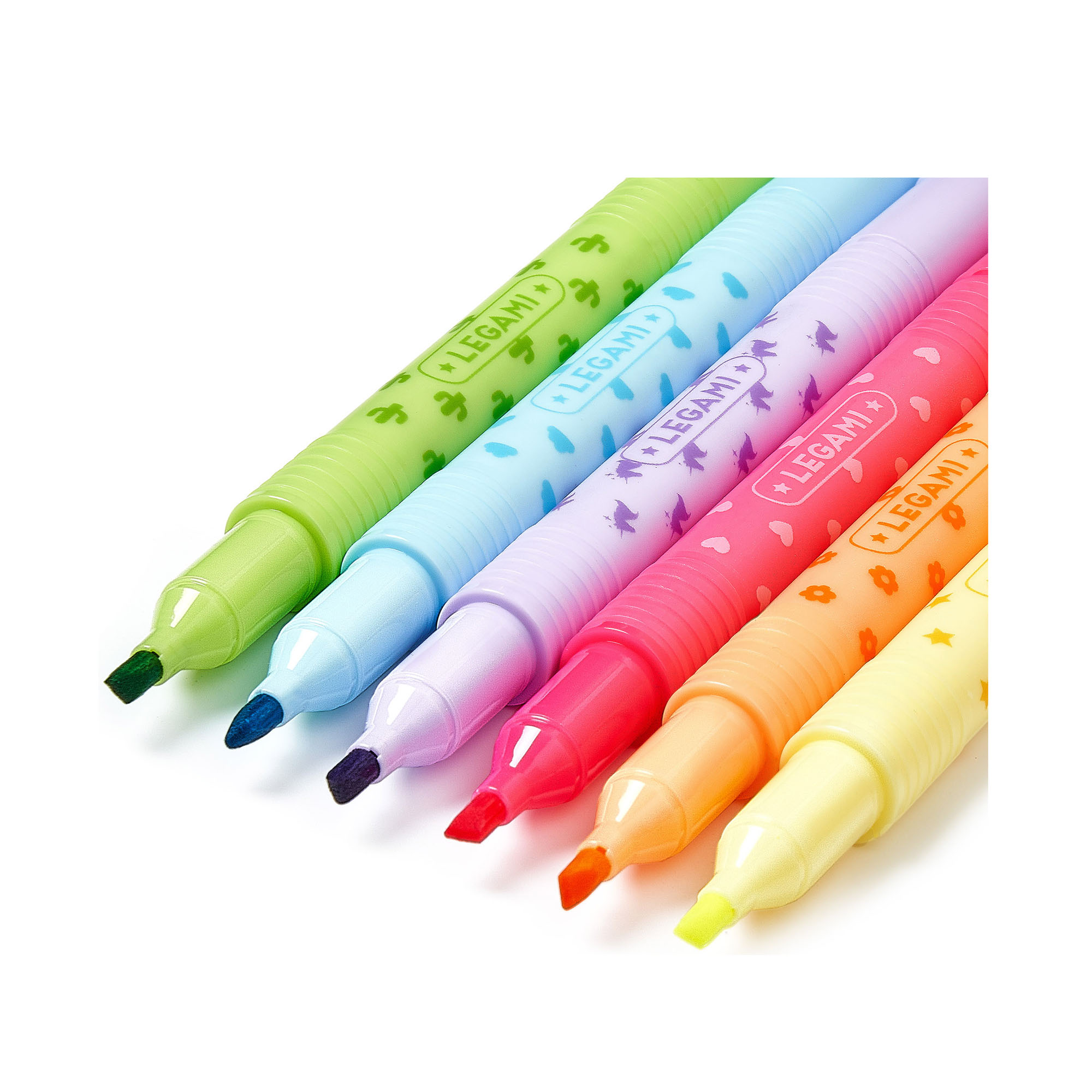 Sechs radierbare Textmarker in Pastellfarben, in Nahaufnahme mit den sechs farbigen Spitzen dargestellt.