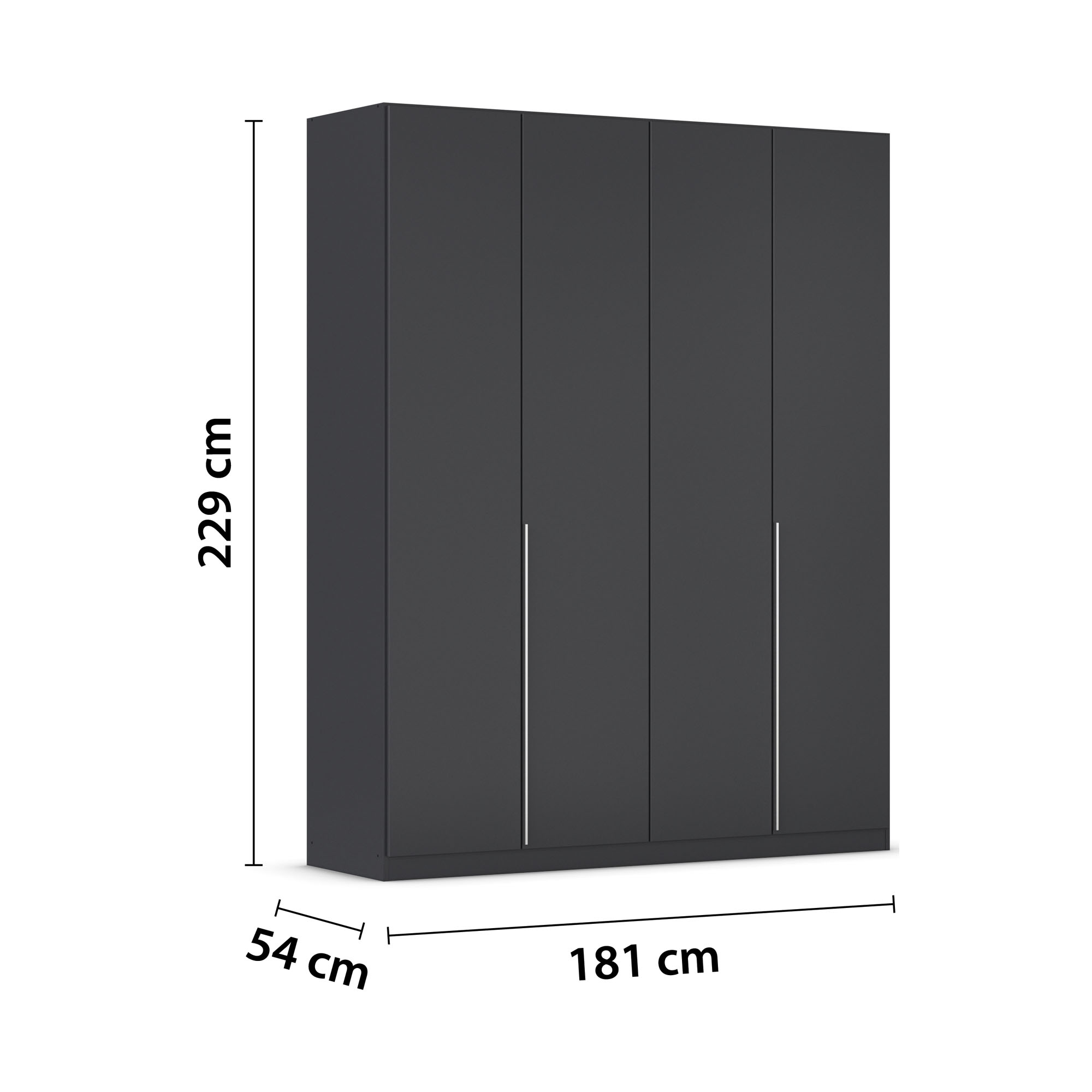 Grau-Metallicer 4-türiger Kleiderschrank mit Maßen 181 cm Breite, 229 cm Höhe und 54 cm Tiefe