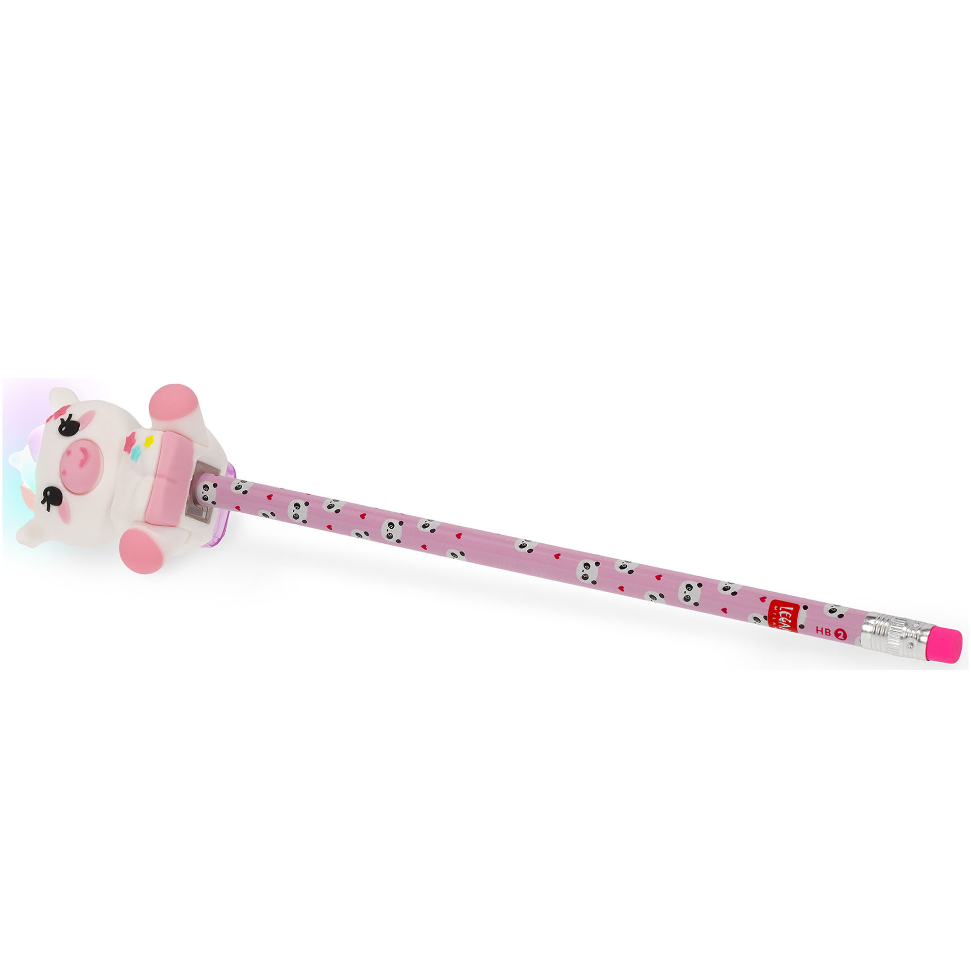 Rosa Leuchtstift mit Einhorn-Spitzerbehälter, als vollständiger rosa Stift diagonal auf weißem Hintergrund gezeigt.