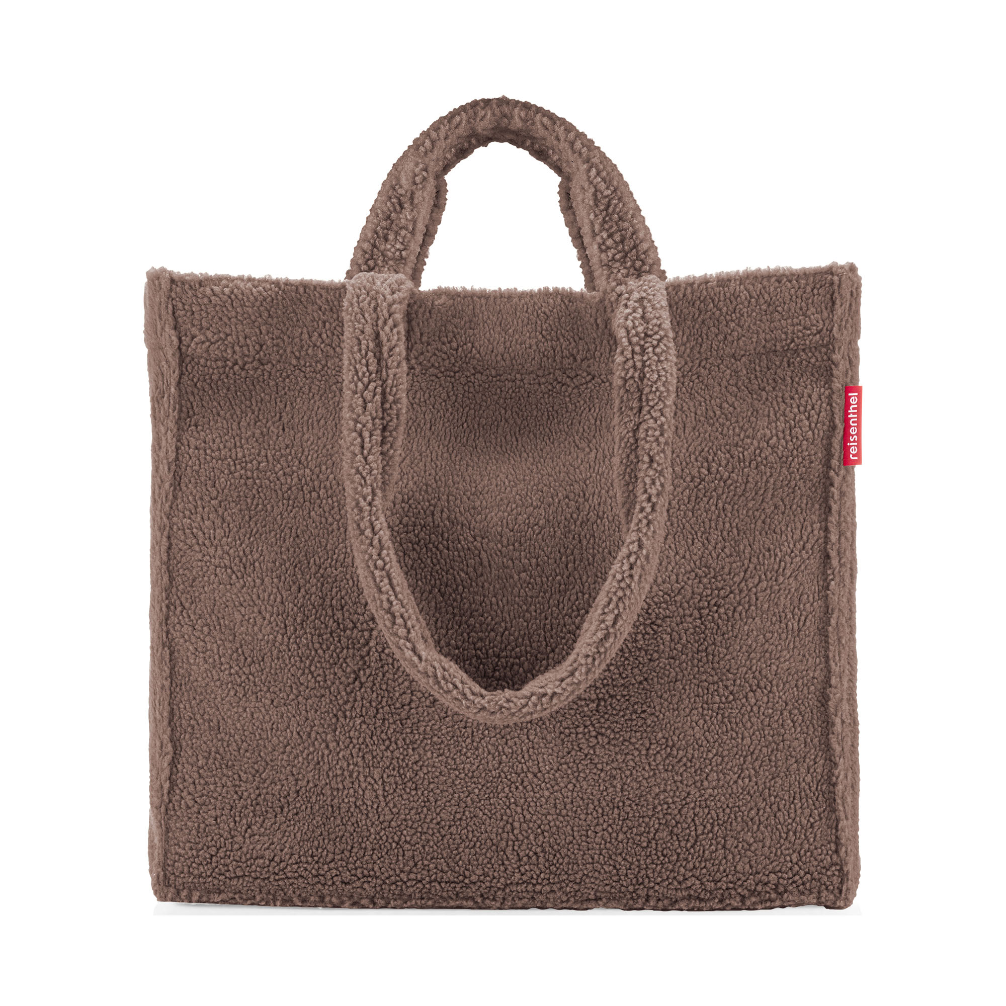 Shopper von Reisenthel, Modell Softshopper, in Schokoladenbraun aus Teddyfleece, frontal mit zusammengelegten kurzen Tragegriffen
