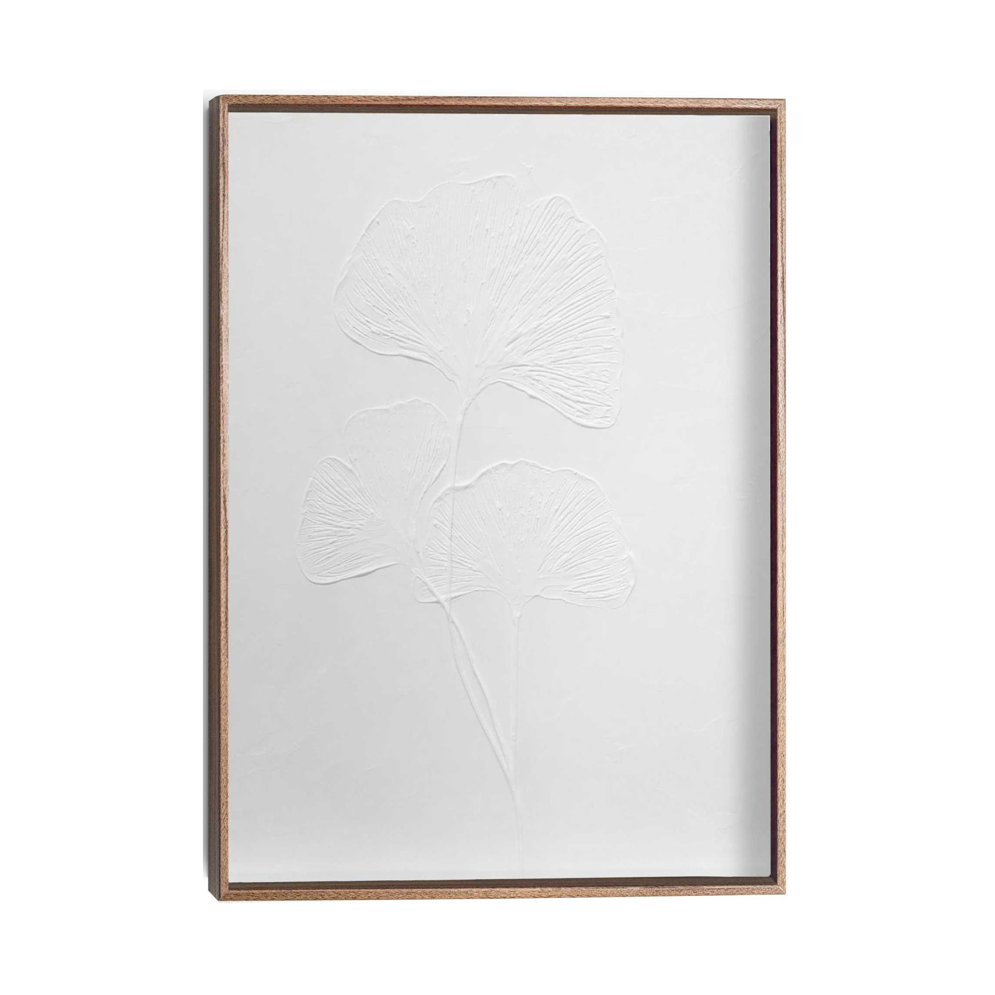 Frontansicht des Wandbilds „Gingko“ in Weiß, Größe 30 × 40 cm; das vollständige Motiv ist zu sehen.