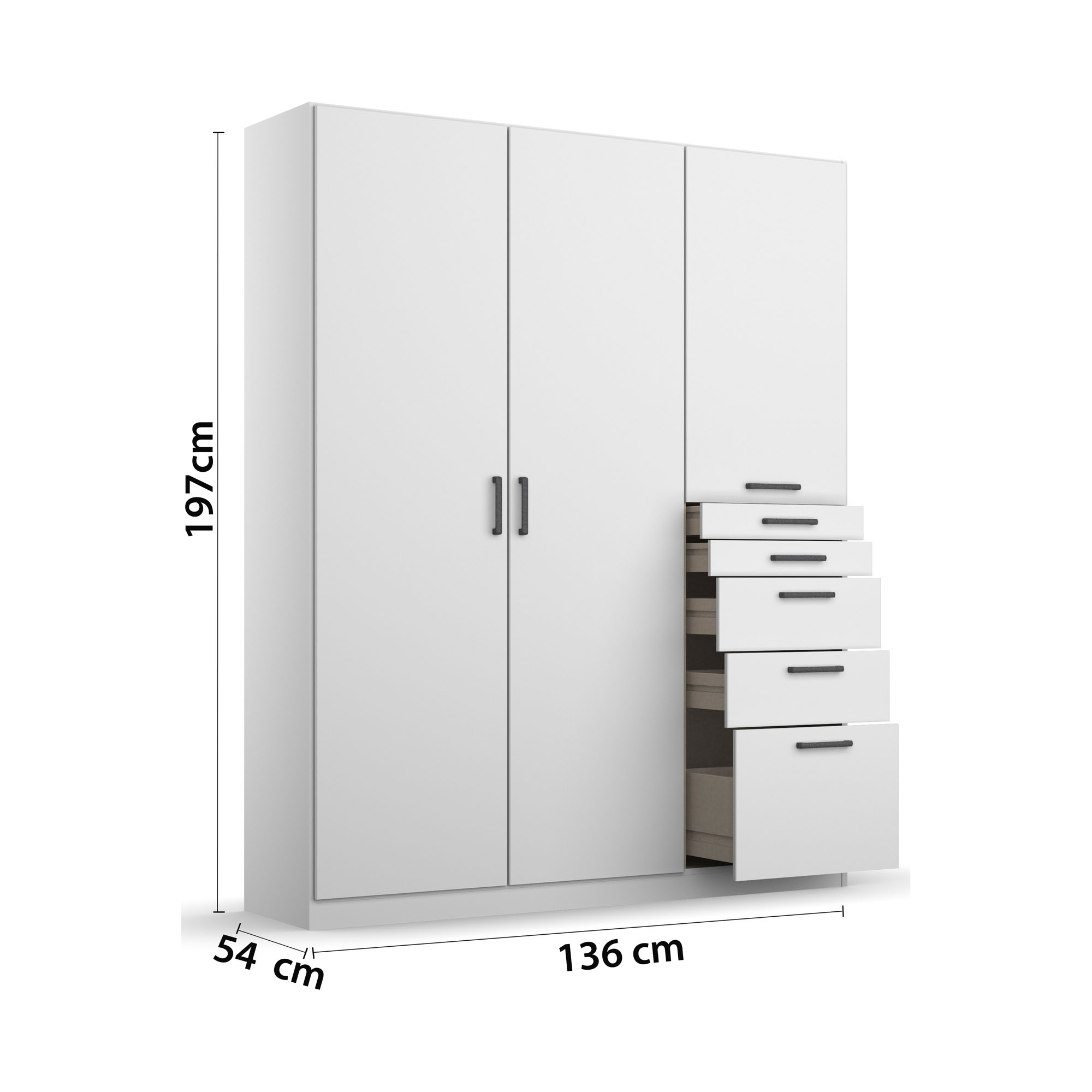 Weißer Kleiderschrank mit drei Türen und Schubladen, Maßangaben Höhe 197 cm, Breite 136 cm, Tiefe 54 cm
