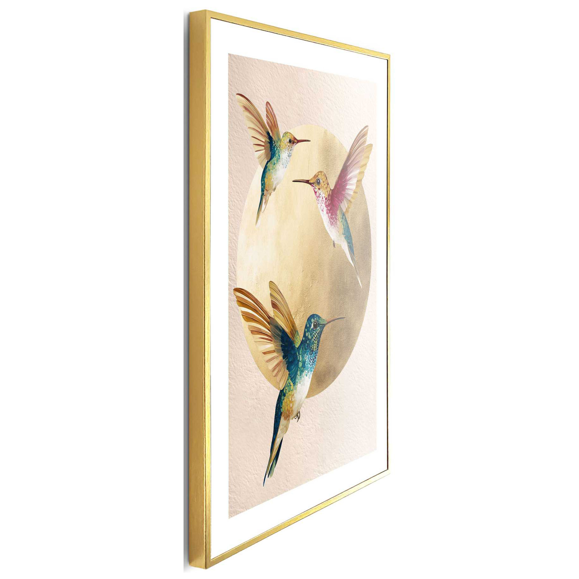 Seitliche Schrägansicht des Wandbilds „Dancing Hummingbirds“, 30 × 40 cm; Profil, Kante und Tiefe des Bildes sind erkennbar.