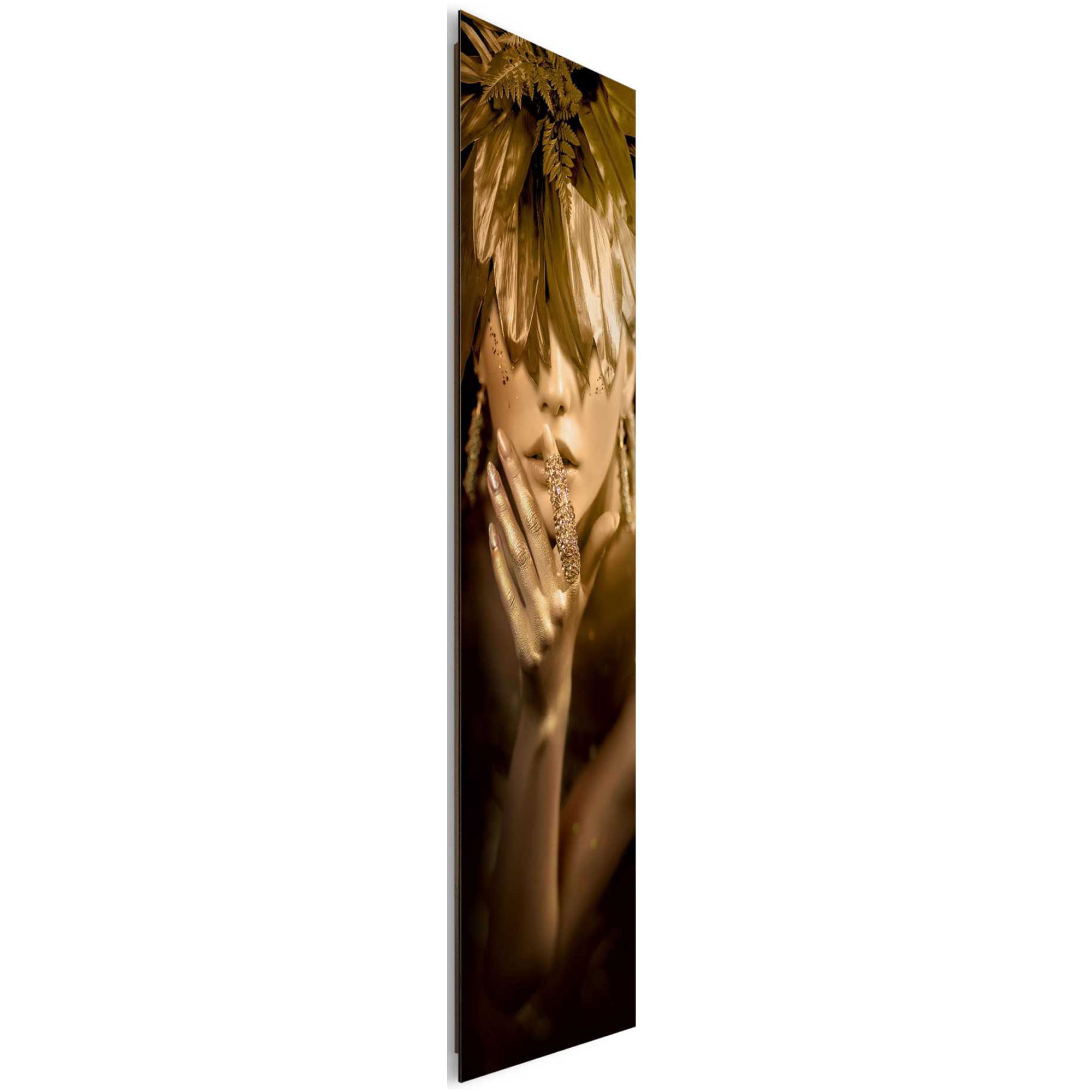 Seitliche Schrägansicht des Wandbilds „Golden Lady“, 30 × 90 cm; Profil, Kante und Tiefe des Bildes sind erkennbar.