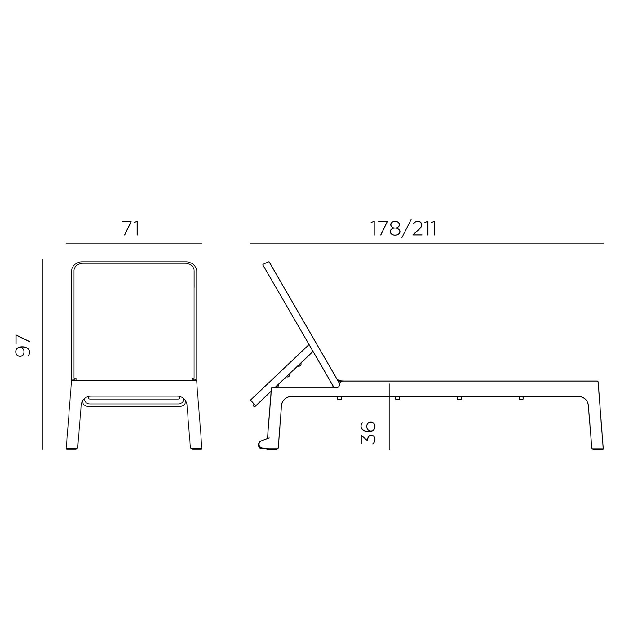 Technische Zeichnung einer Sonnenliege mit verstellbarer Rückenlehne. Die Maße sind mit 97 cm Höhe, 71 cm Breite, 178 bis 211 cm Länge und 36 cm Sitzhöhe angegeben.