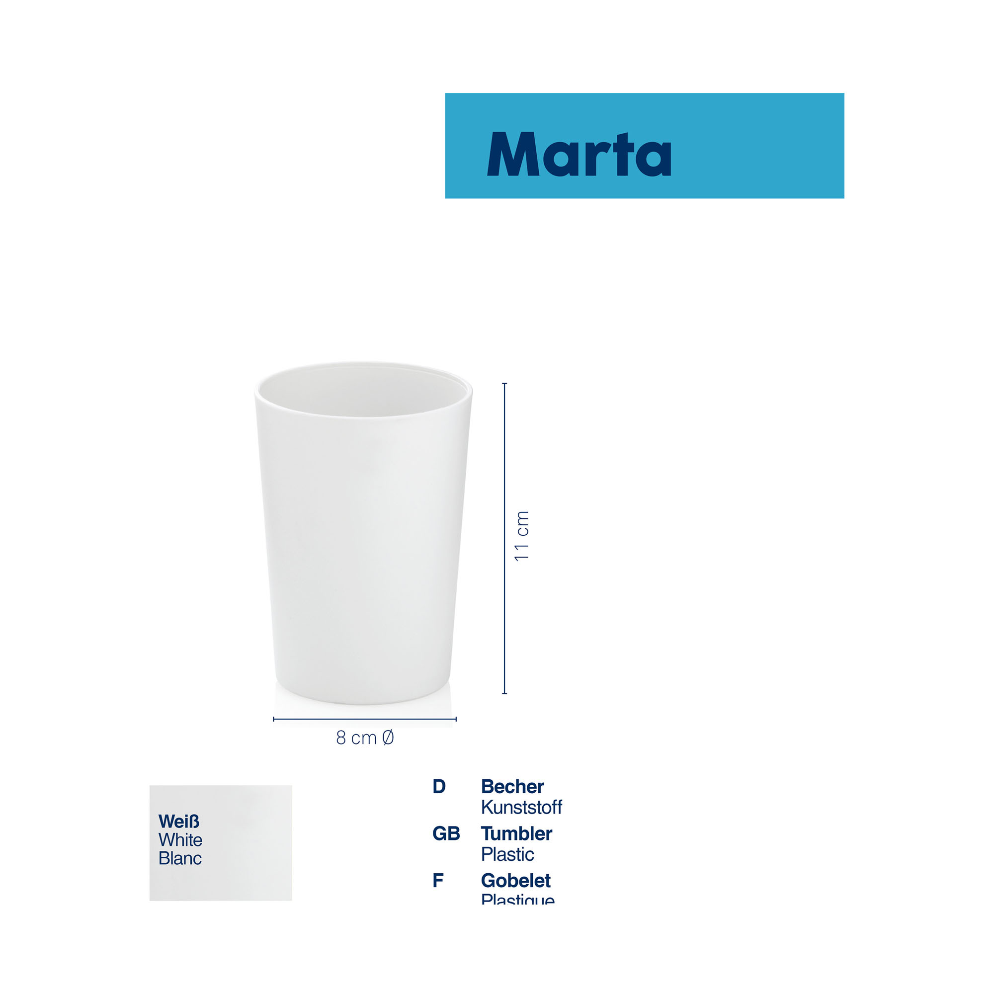 Übersichtsgrafik des mattweißen Bechers mit Maßangaben und ergänzenden Produktinformationen