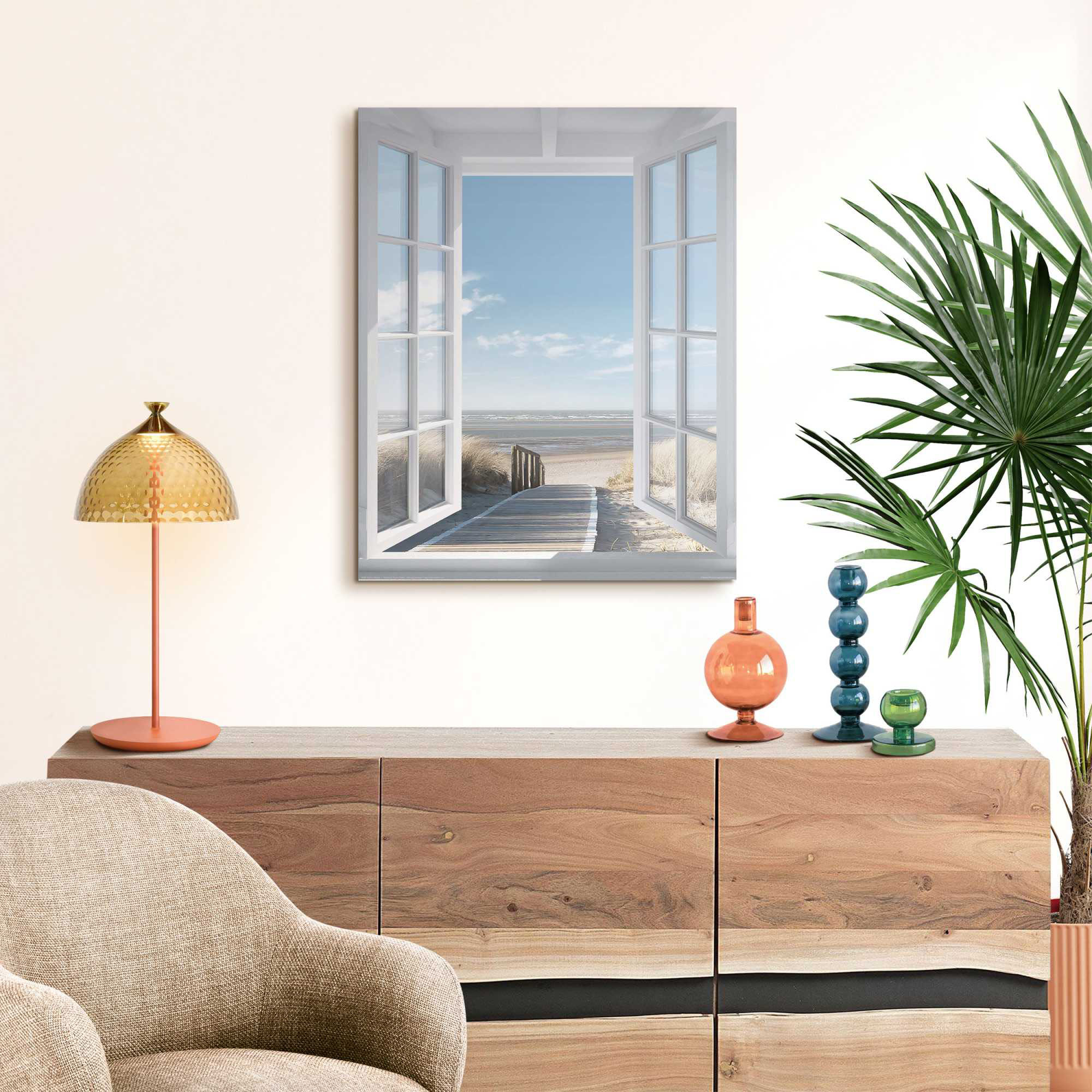 Das Wandbild „Northsea Window“ in Blau, 40 × 50 cm, hängt in einem eingerichteten Wohnraum und zeigt die Größenwirkung an der Wand.