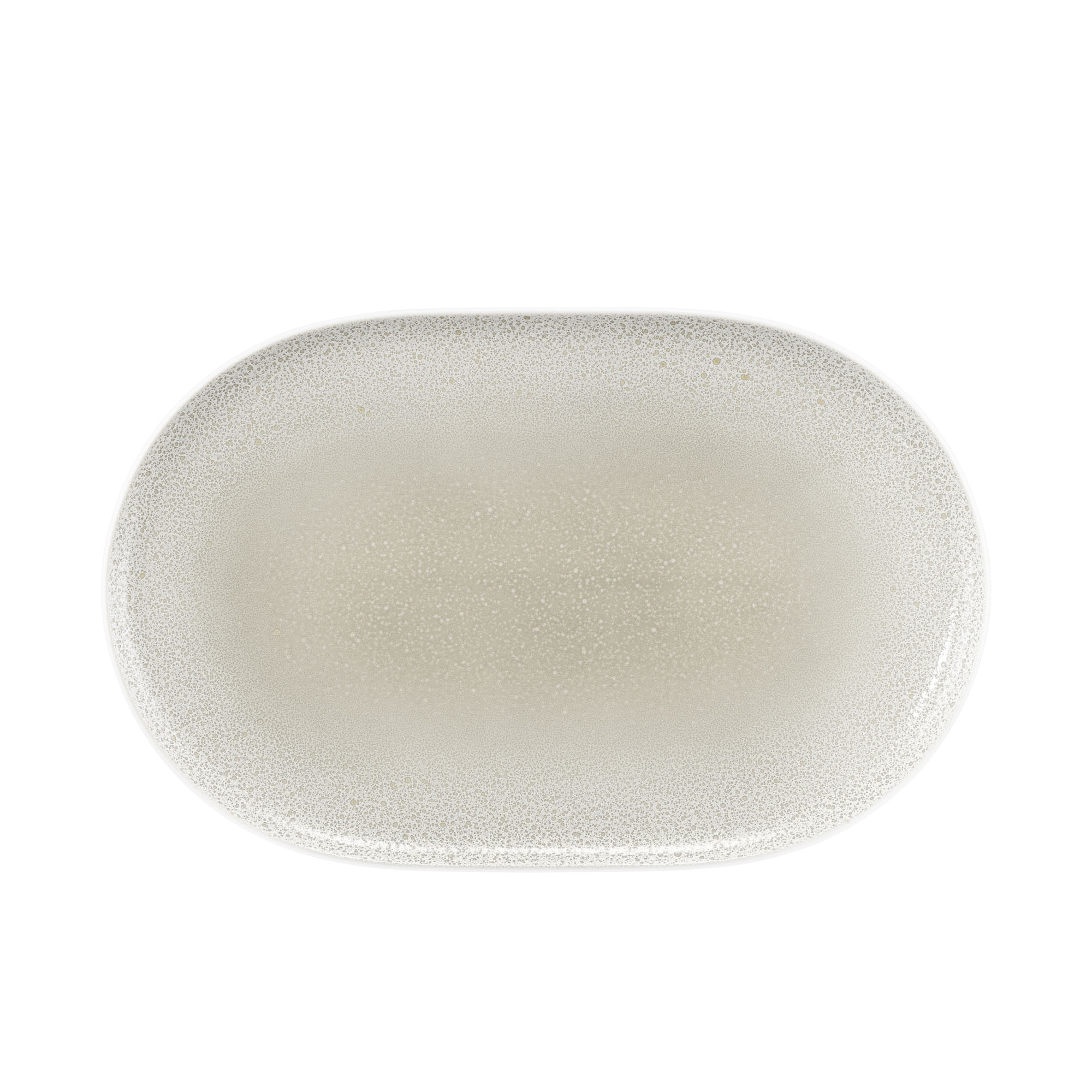 Draufsicht: Servierplatte in Grau-Beige. Erkennbar: ovale Form mit abgerundeten Ecken und feiner Sprenkelung.
