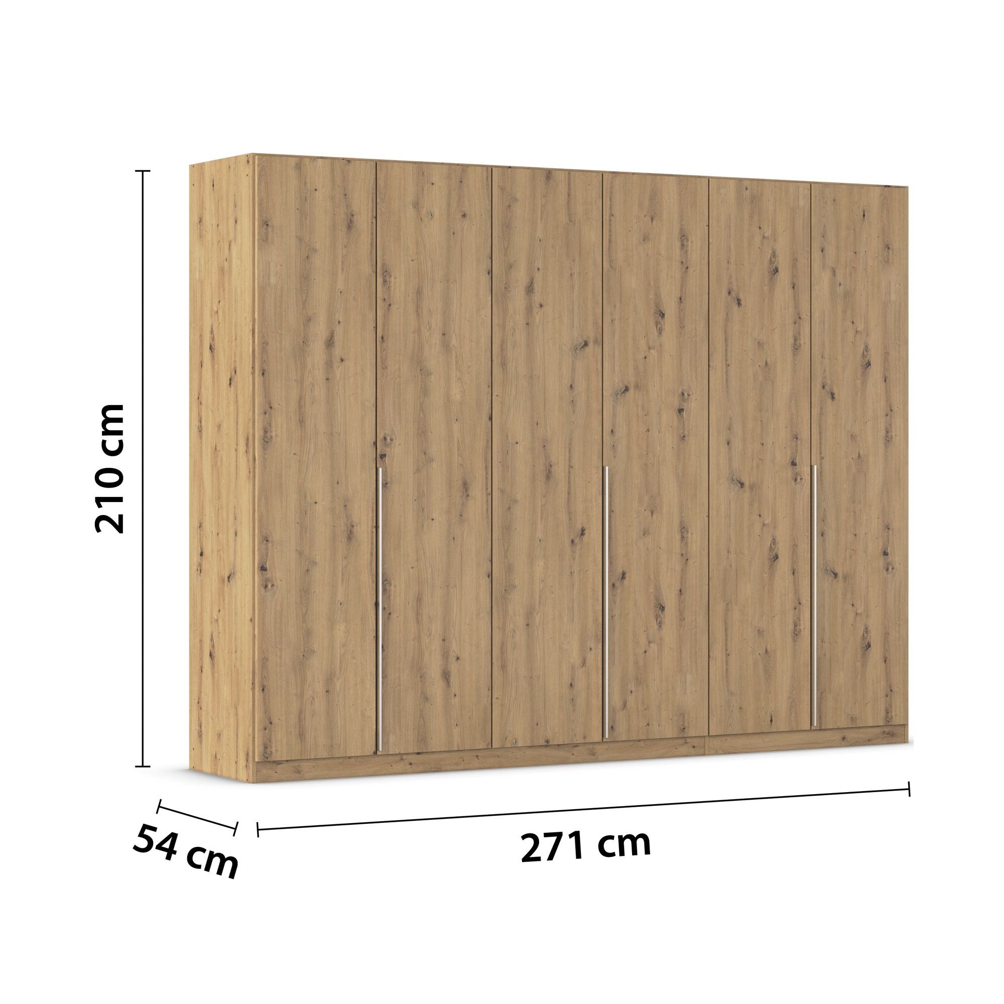 Kleiderschrank in Eiche Artisan mit Maßangaben 271 cm Breite, 210 cm Höhe und 54 cm Tiefe