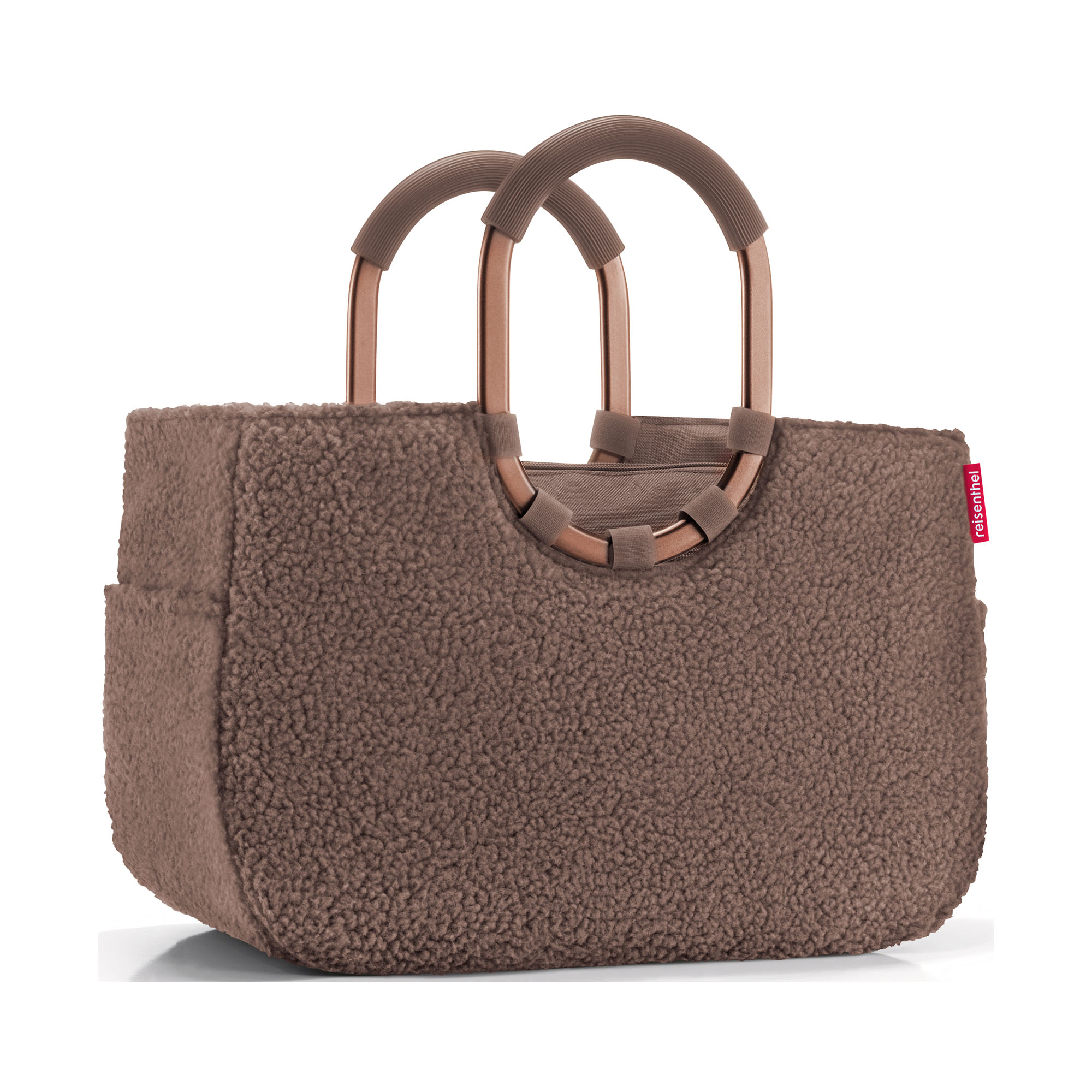 Shopper mit Ringgriffen von Reisenthel, Modell Loopshopper M, in Schokoladenbraun aus Teddyfleece, frontal mit zwei ovalen Ringgriffen