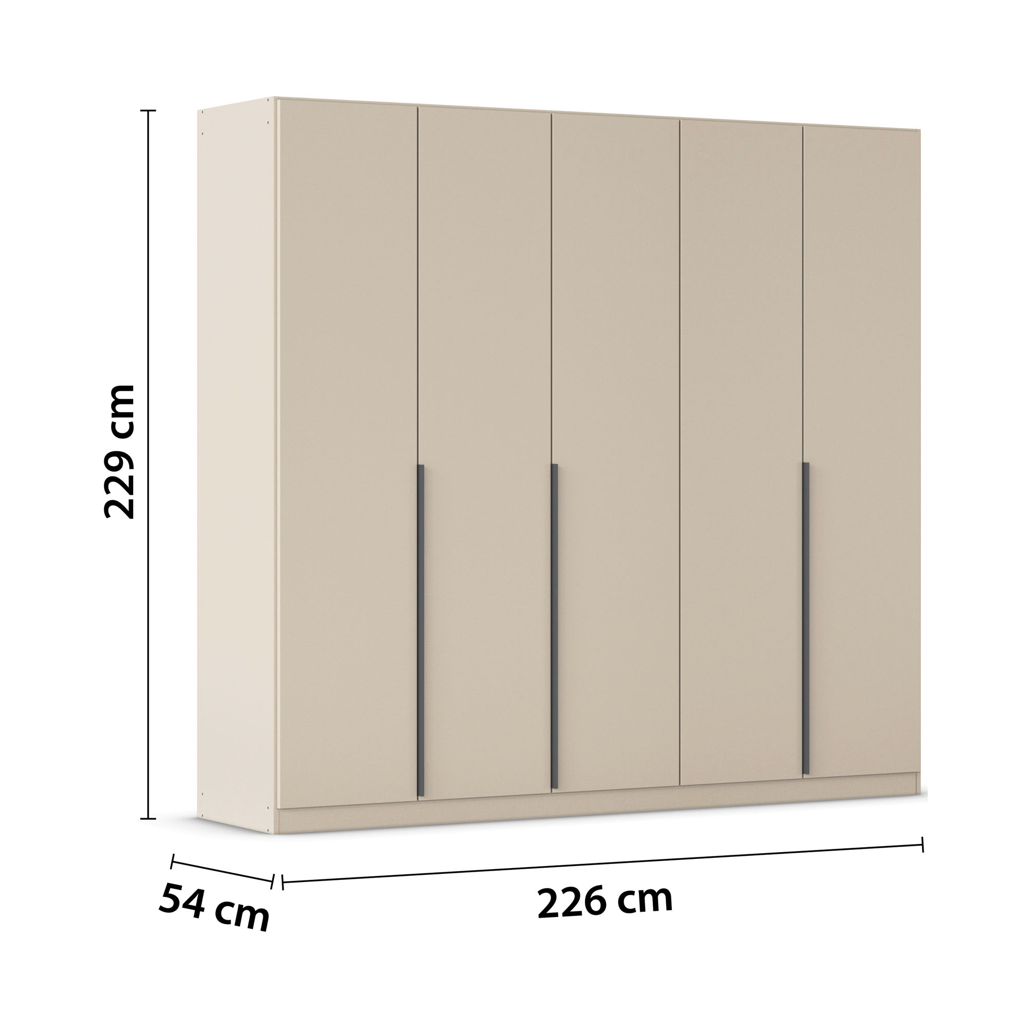 Champagnerfarbener 5-türiger Kleiderschrank mit Maßangaben Breite 226 cm, Höhe 229 cm und Tiefe 54 cm