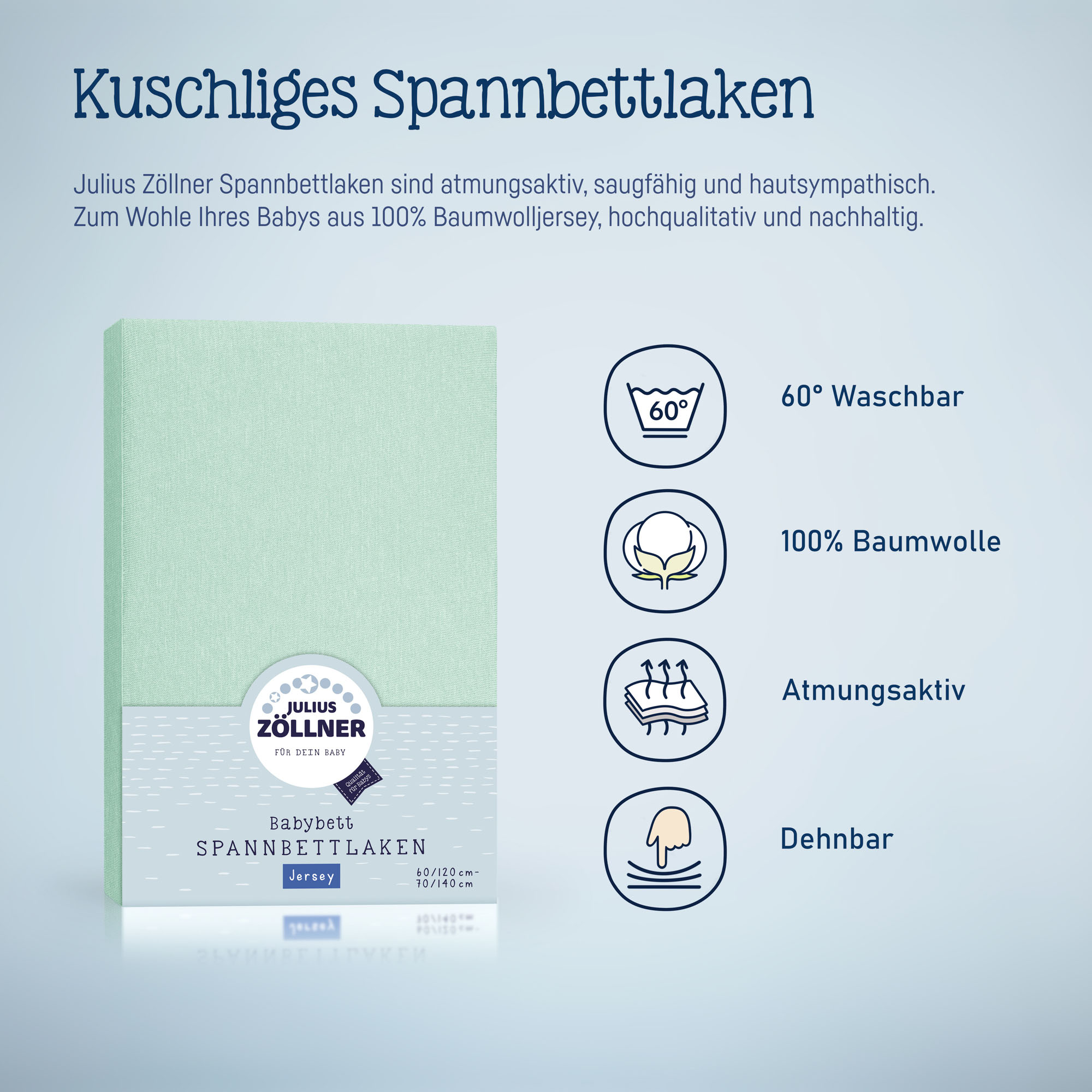 Verpackung des mintfarbenen Julius Zöllner Spannbettlakens mit Symbolen für 60° waschbar, 100 % Baumwolle, atmungsaktiv und dehnbar auf blauem Hintergrund