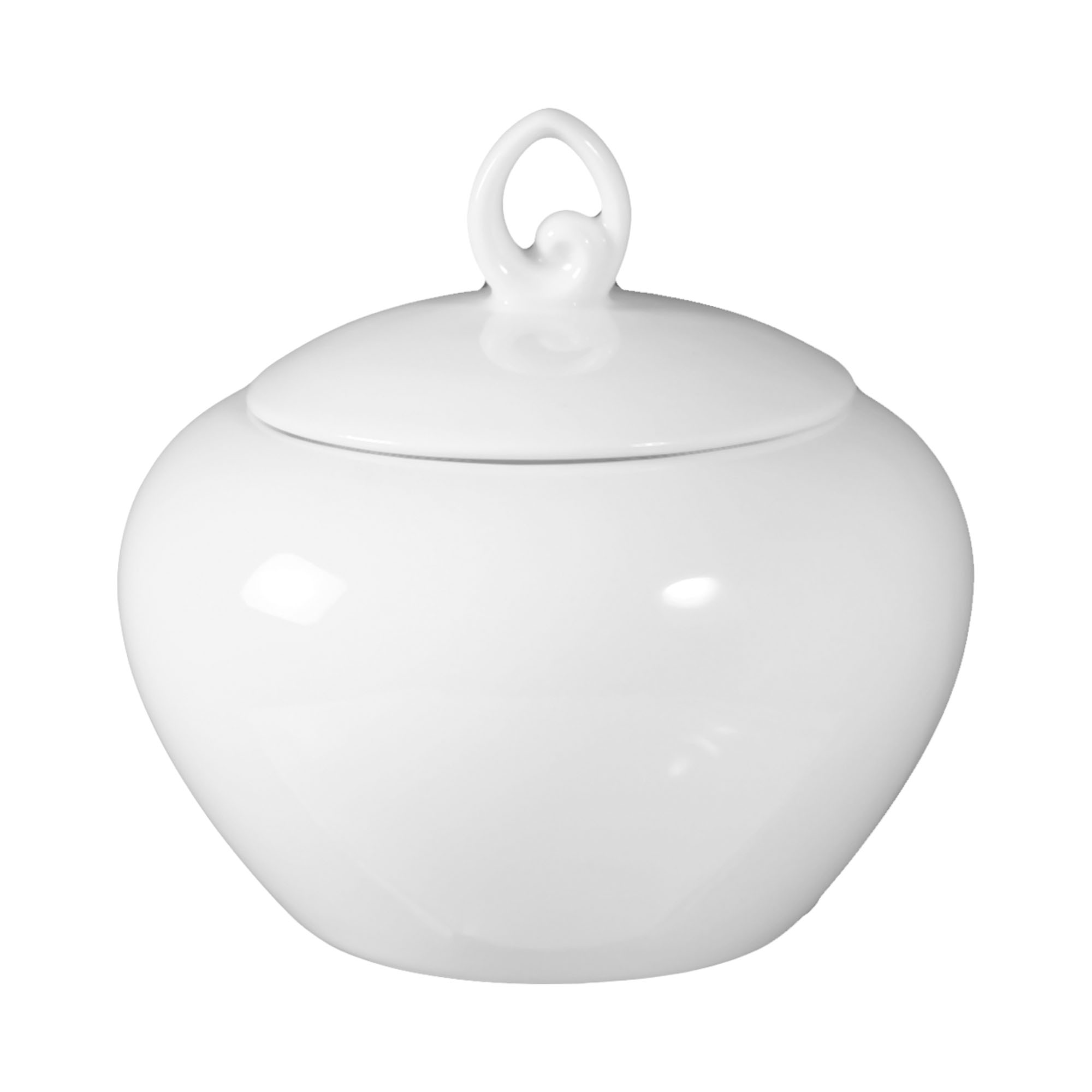 Zuckerdose in Weiß; runde bauchige Form mit Deckel und Ringgriff. Ansicht: Ansicht von vorn.