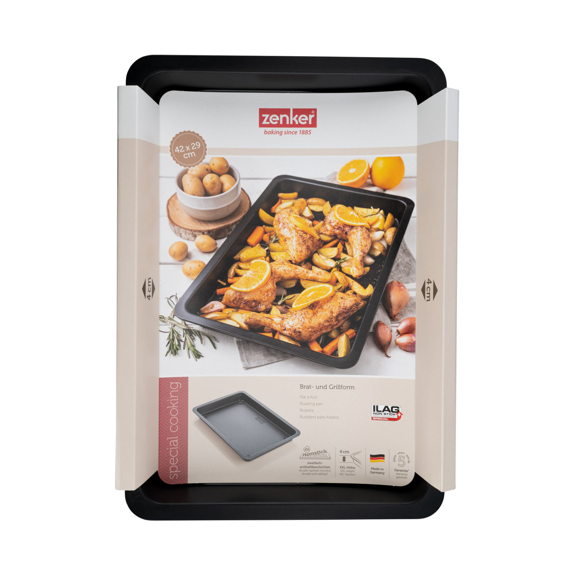 Brat und Grillform mit Verpackung und abgebildetem Hähnchengericht mit Kartoffeln und Gemüse