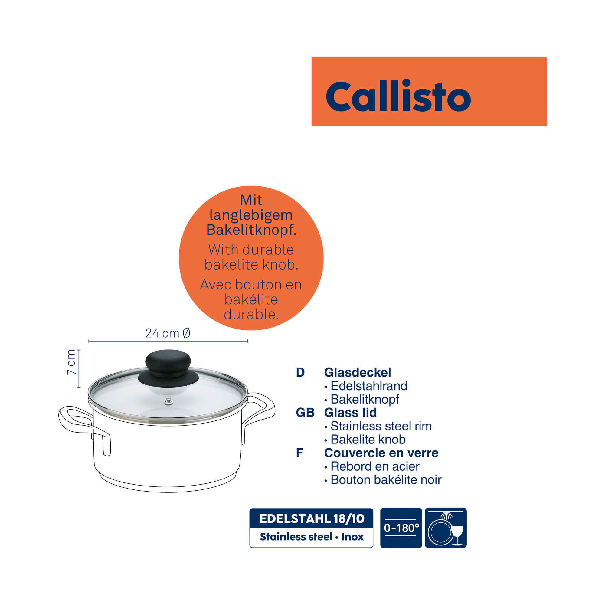 Abbildung eines runden Glasdeckels Callisto mit schwarzem Griff sowie Produktangaben und Symbolen