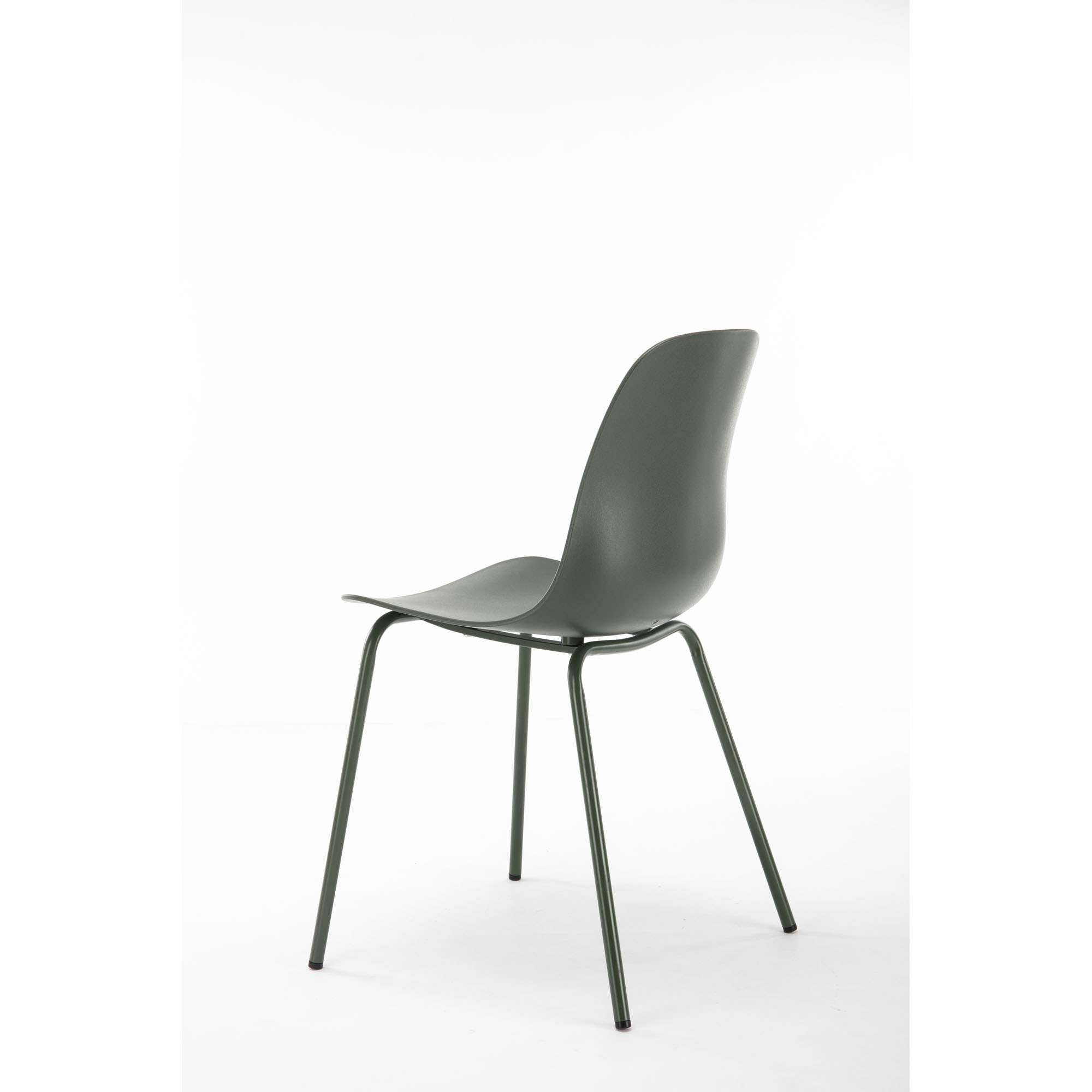 Dunkelgrüner Stuhl mit ergonomischer Rückenlehne, schräg von hinten fotografiert