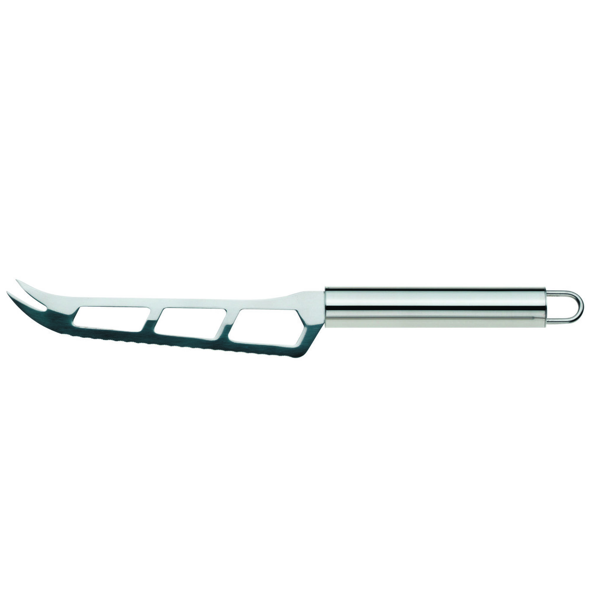 Silber glänzendes Käsemesser mit gezackter Klinge und schmalem Griff auf weißem Hintergrund