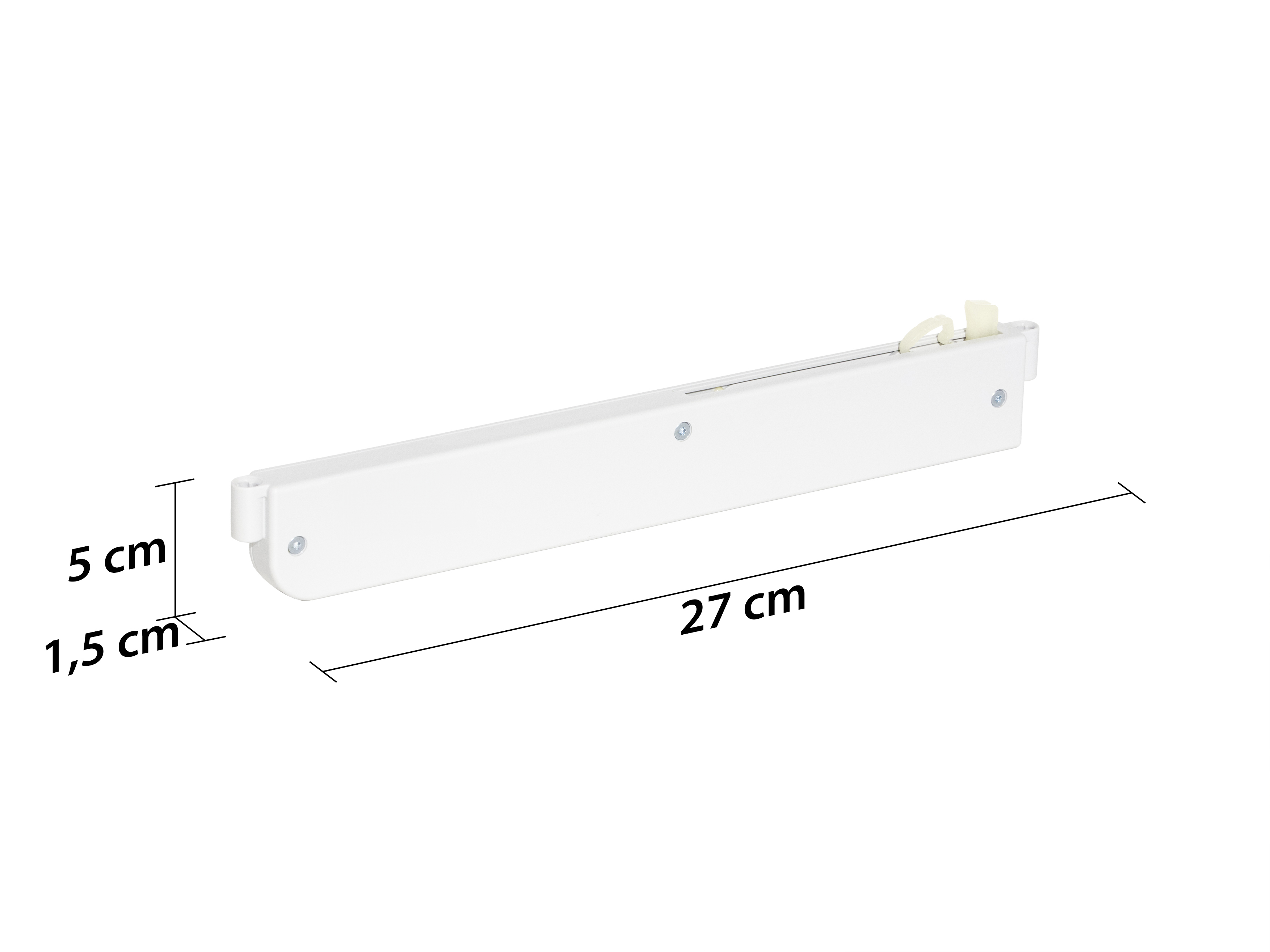 Weißer Schwebetürendämpfer in rechteckiger Form mit Schrauben und Kunststoffteilen, daneben Maßangaben 27 cm Länge, 5 cm Höhe und 1,5 cm Tiefe
