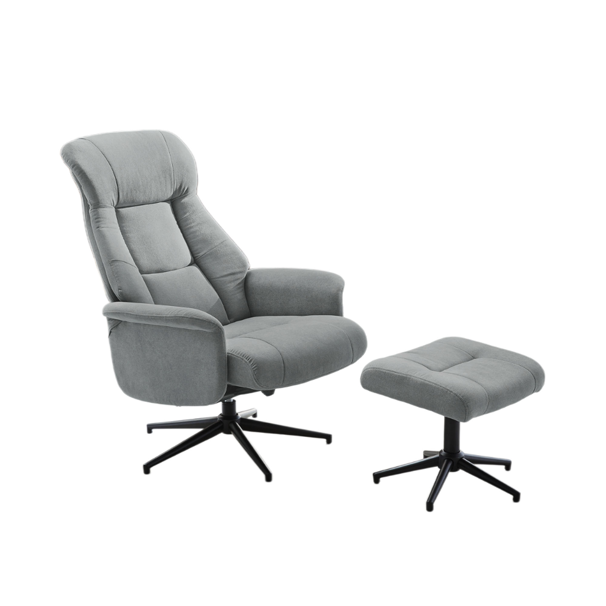 Moderner Relaxsessel mit passendem Hocker in grauem Stoffbezug und schwarzem Drehgestell.