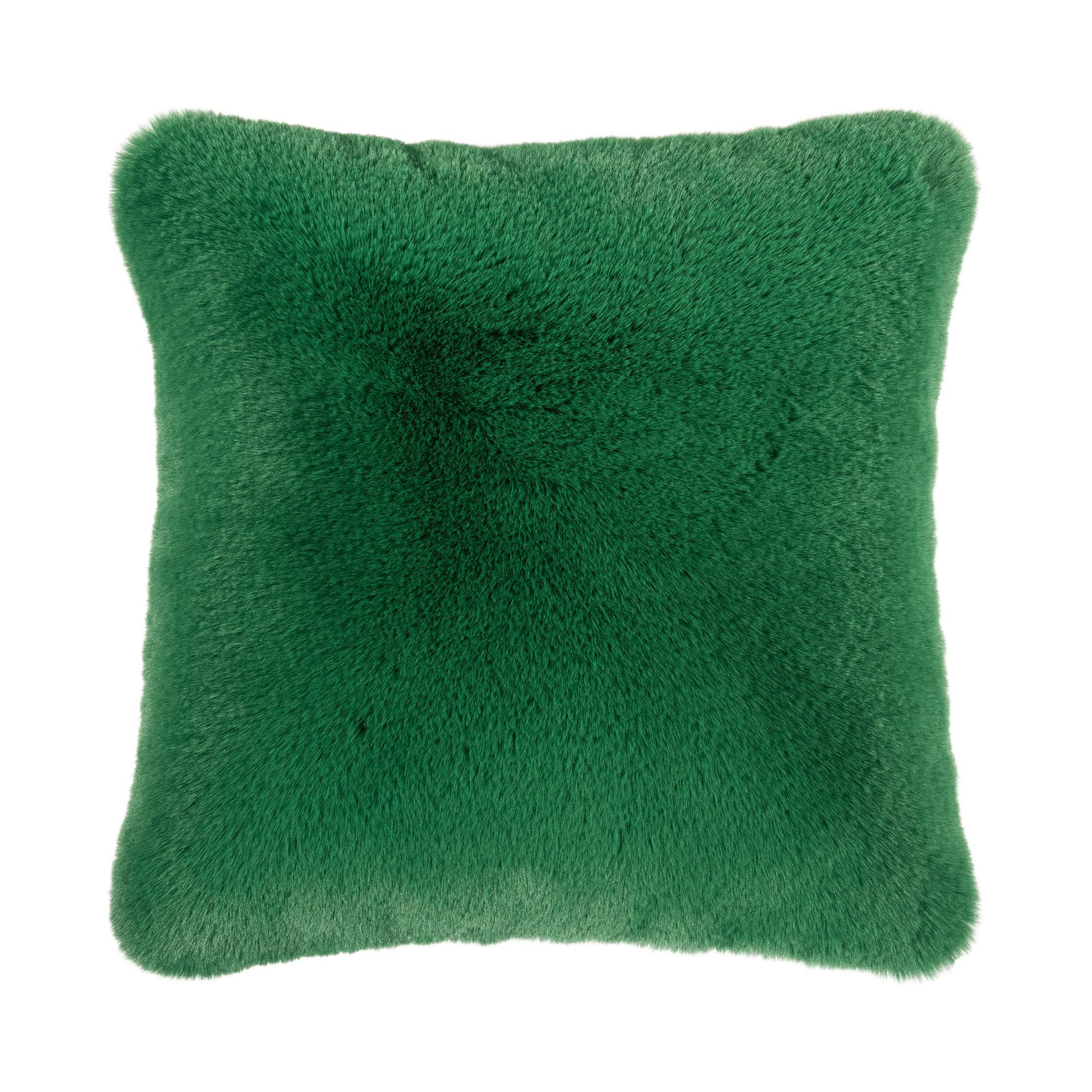 Grüne Kissenhülle Evita, 45 × 45 cm, mit weicher, flauschiger Felloptik, frontal auf weißem Hintergrund.