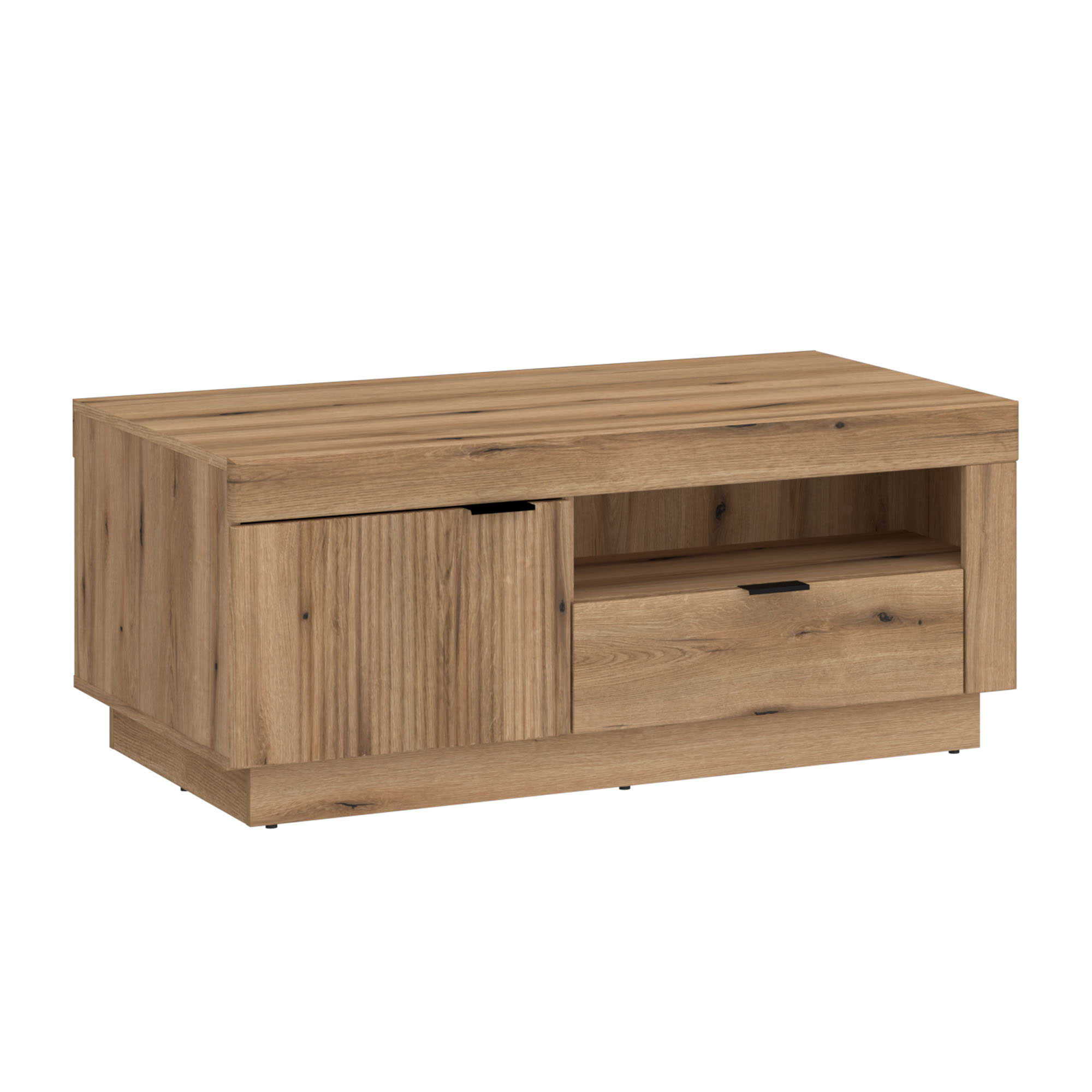 Delamar Couchtisch in Eiche Artisan mit Lamellenfront, Schublade, offenem Ablagefach und modernem Design für das Wohnzimmer