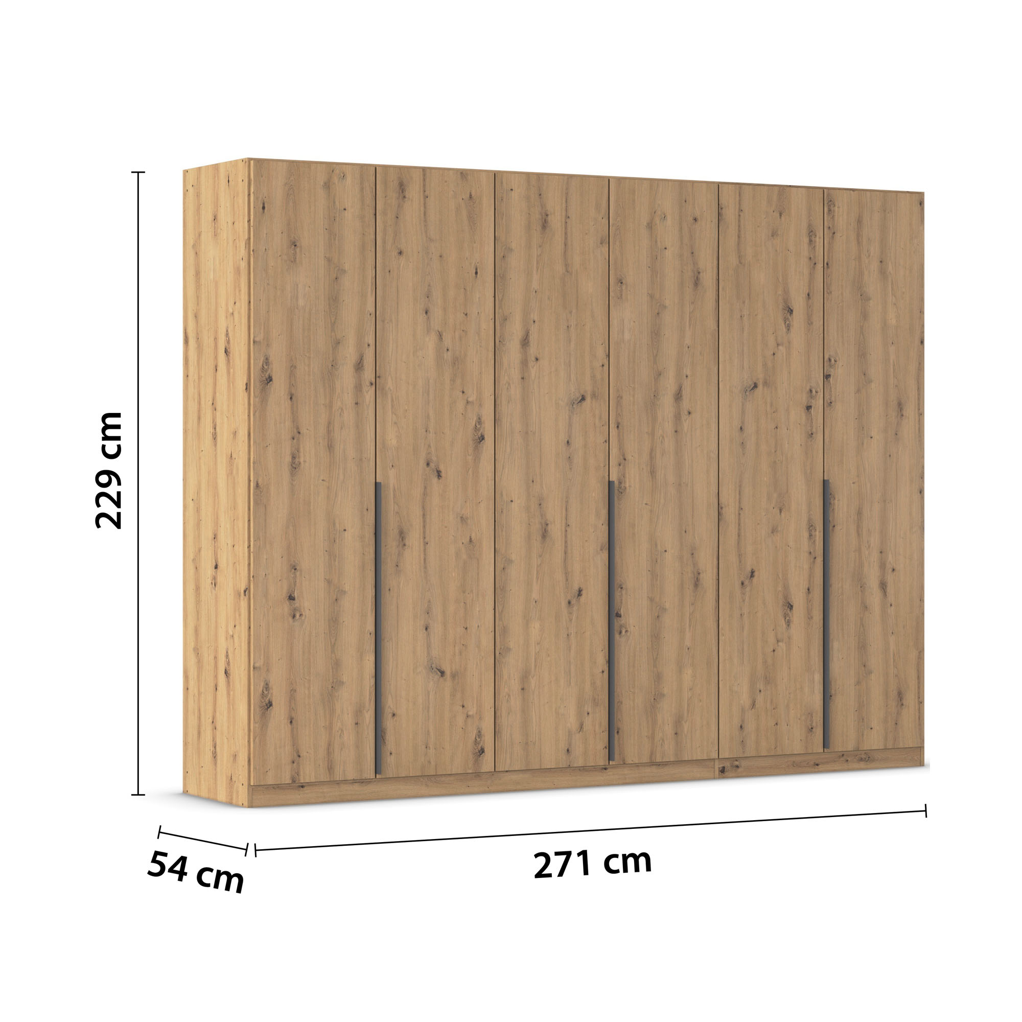 6-türiger Kleiderschrank in Eiche Artisan mit Maßangaben Breite 271 cm, Höhe 229 cm und Tiefe 54 cm
