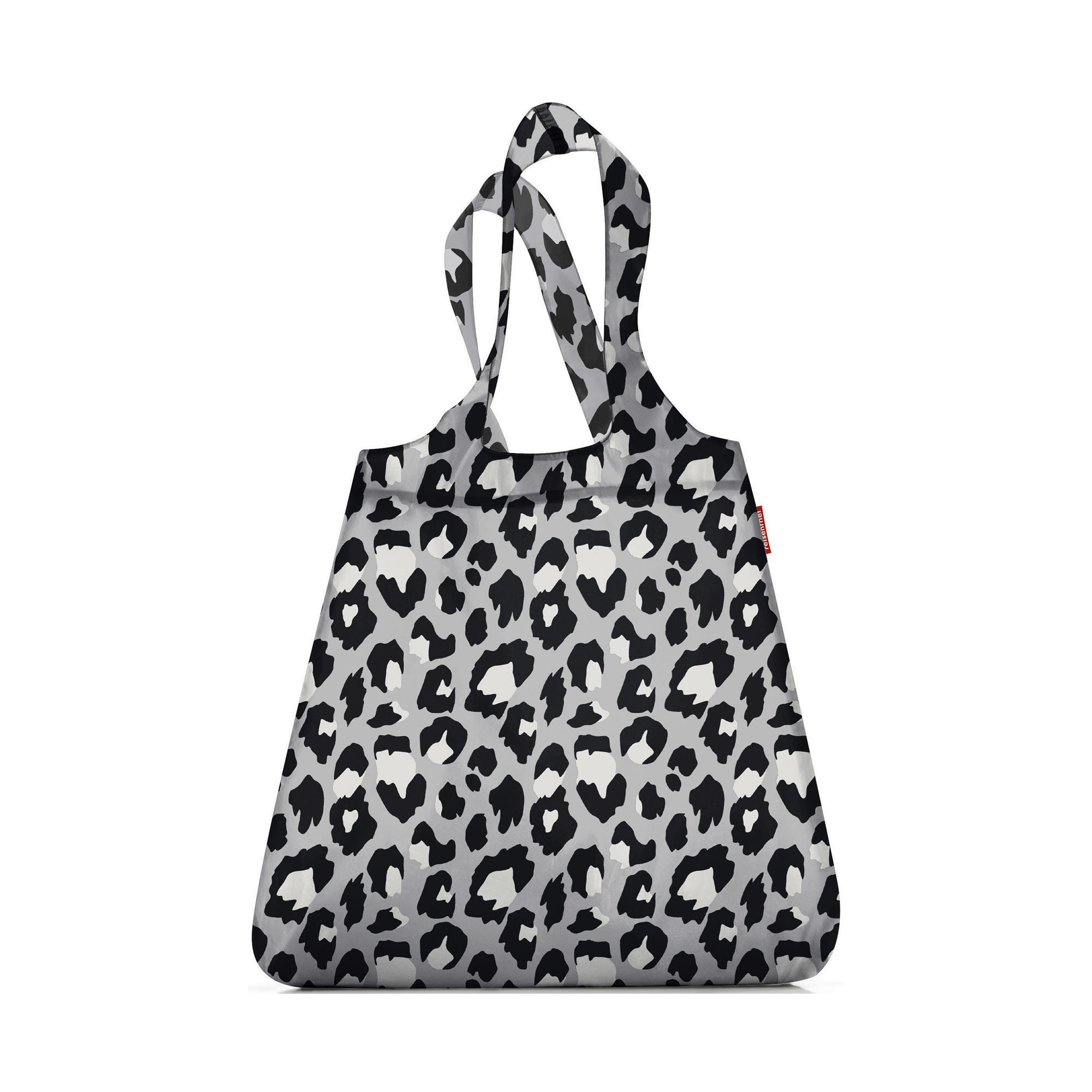 Faltbare Einkaufstasche von Reisenthel, Modell Mini Maxi Shopper, in Schwarz und Weiß mit Leopardenmuster, vollständig aufgefaltet mit zwei Tragegriffen.