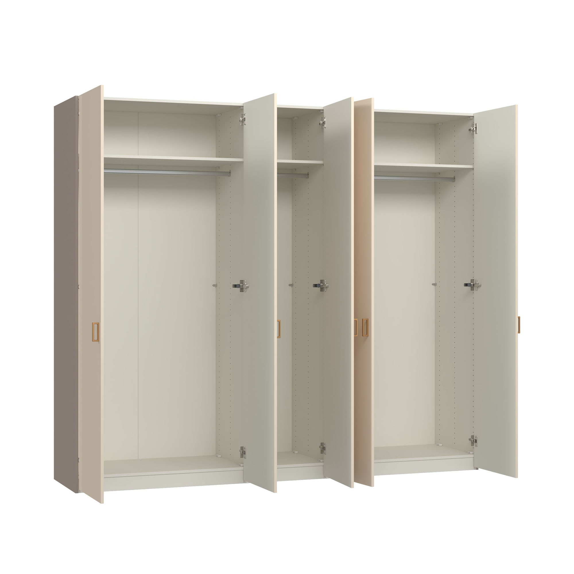 geöffneter fünftüriger Kleiderschrank mit sichtbaren Kleiderstangen und Einlegeböden