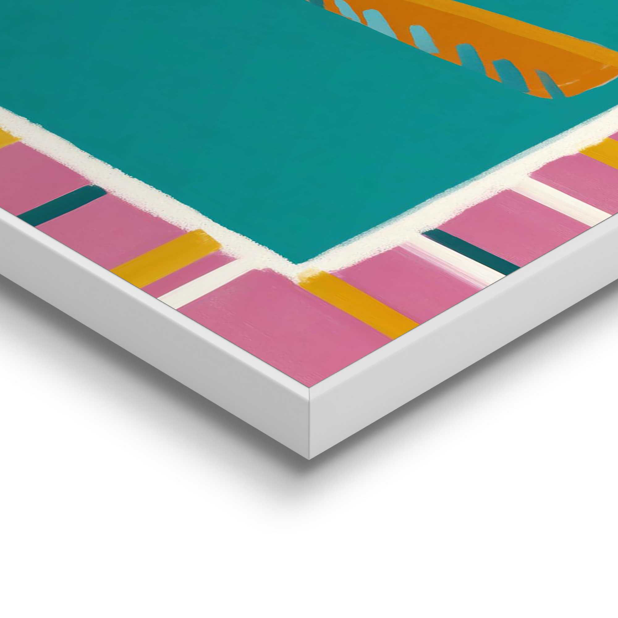 Detailaufnahme einer Ecke des Wandbilds „Colourful Palmtree“, 20 × 30 cm; Oberfläche, Kante und Materialstärke sind sichtbar.
