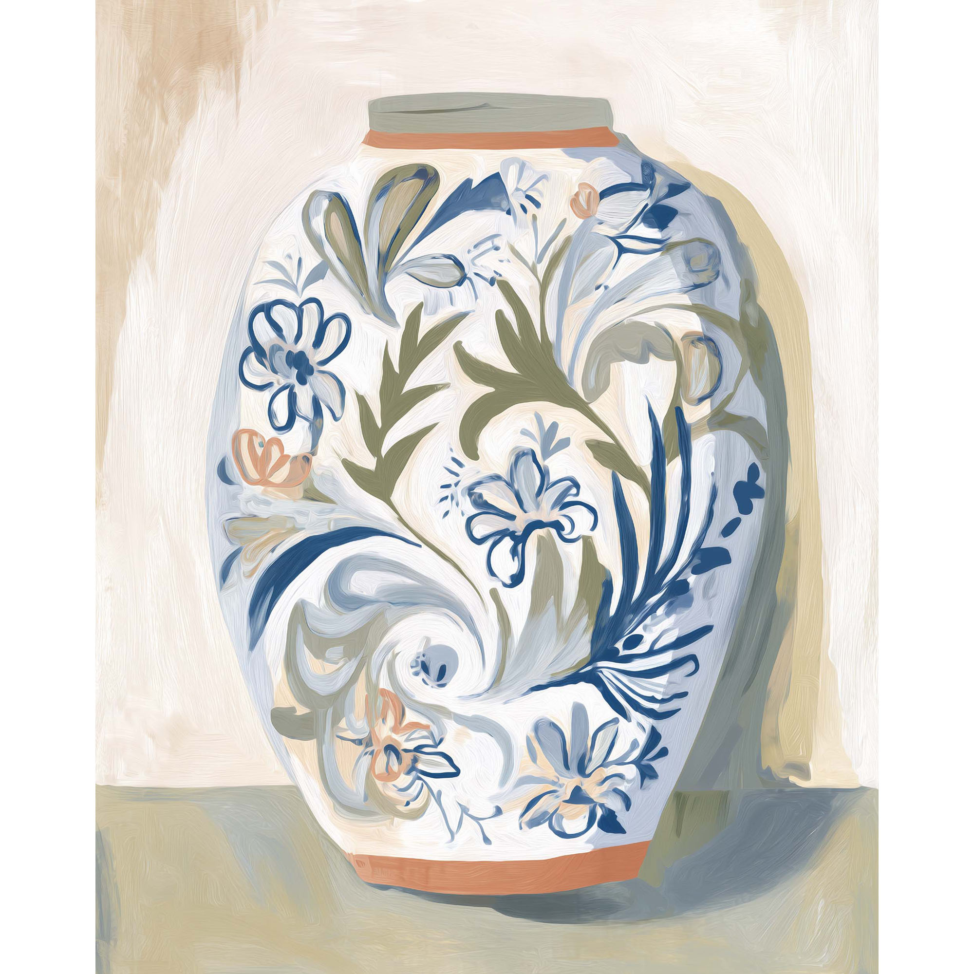 Hochformatiges Wandbild mit einer bauchigen, weiß-blauen Vase, verziert mit floralen Mustern und grünen Blättern vor hellem beigefarbenem Hintergrund