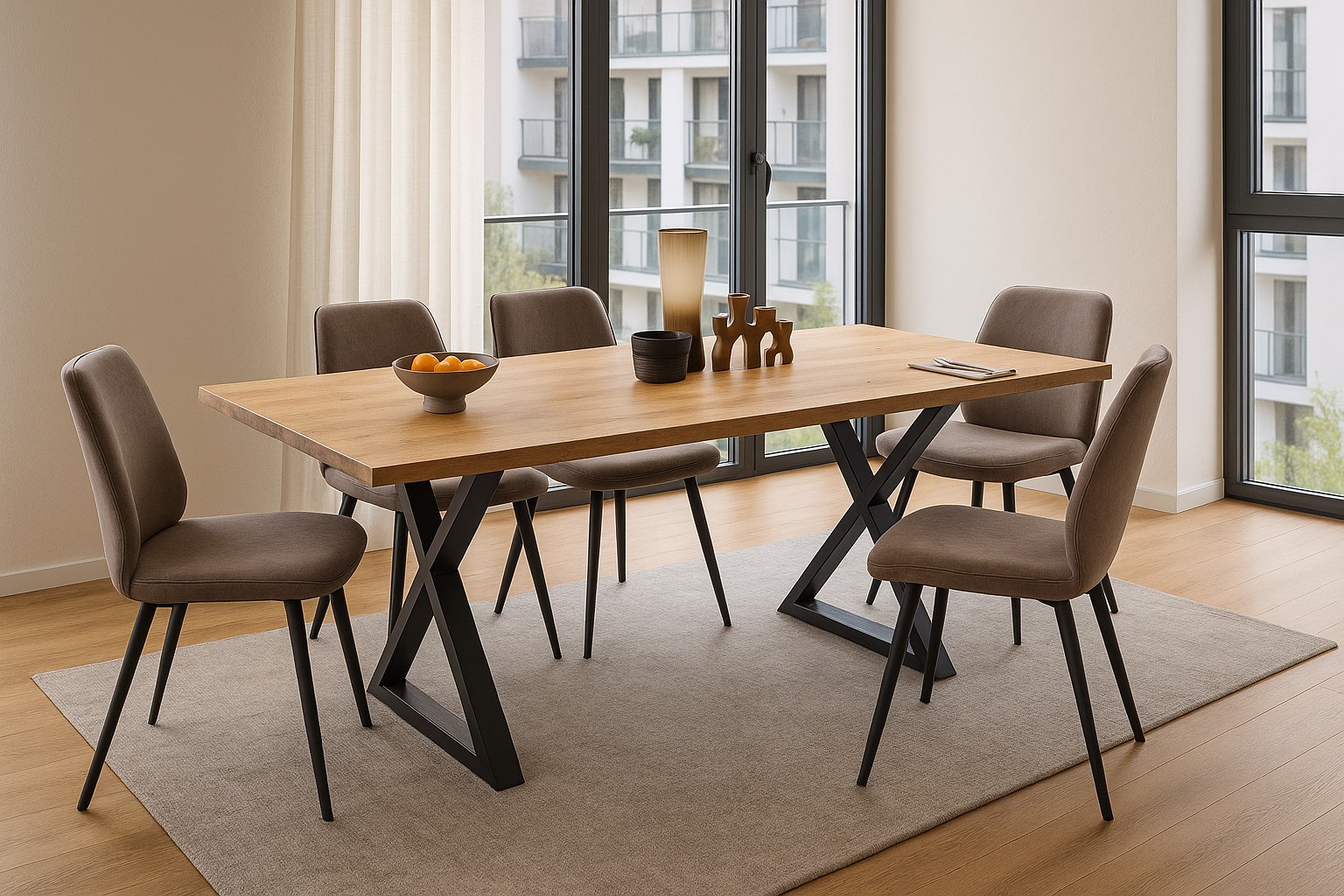 Esstisch mit Holzplatte und schwarzen X-Gestellen in einem hellen Esszimmer, dekoriert mit Geschirr und Objekten, umgeben von sechs braunen Polsterstühlen auf einem Teppich.