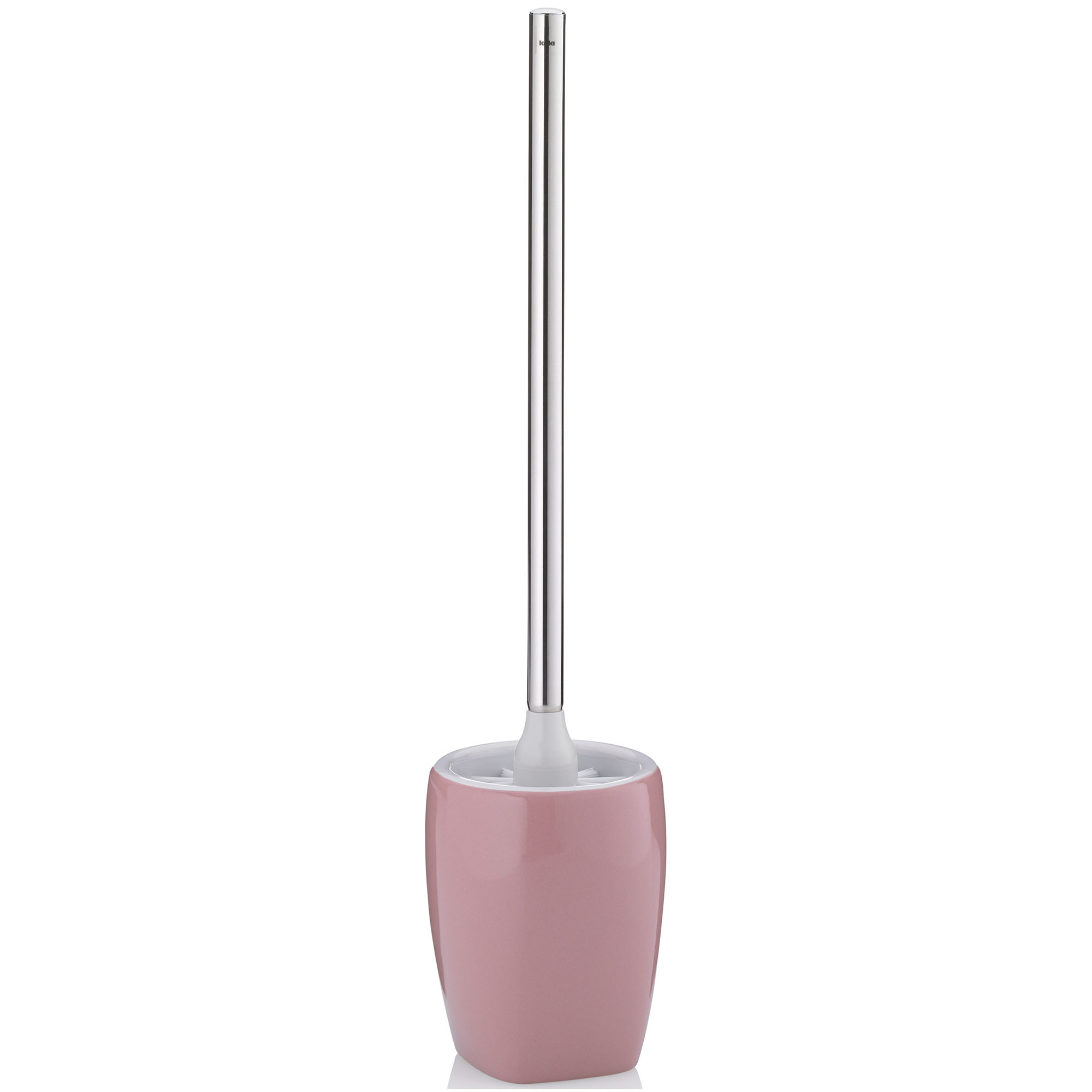 Toilettenbürste mit langem silberfarbenem Griff und rosa zylindrischem Bürstenhalter