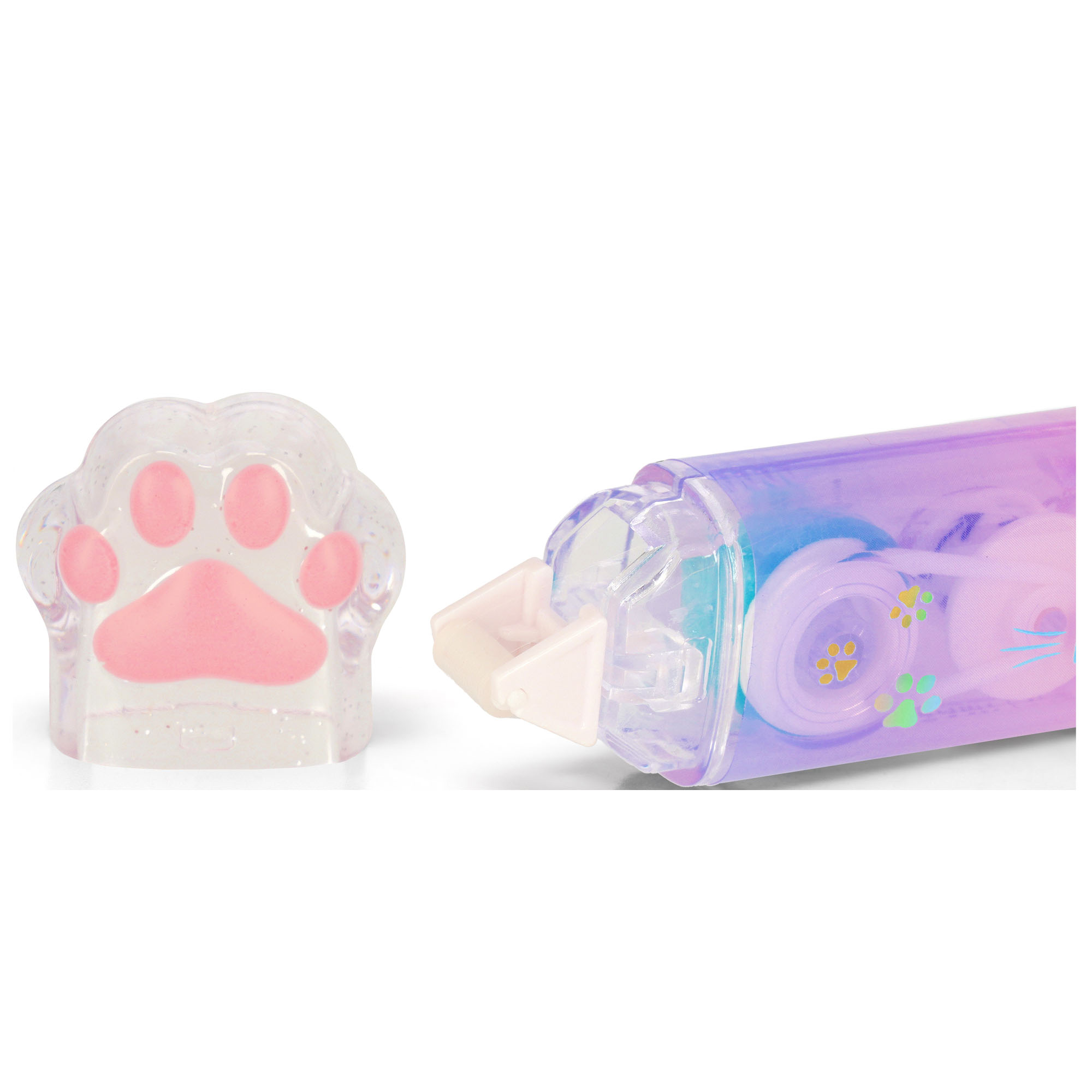 Transparenter Kleberoller im Katzen-Design, mit separat liegender Pfotenkappe und Roller gezeigt.