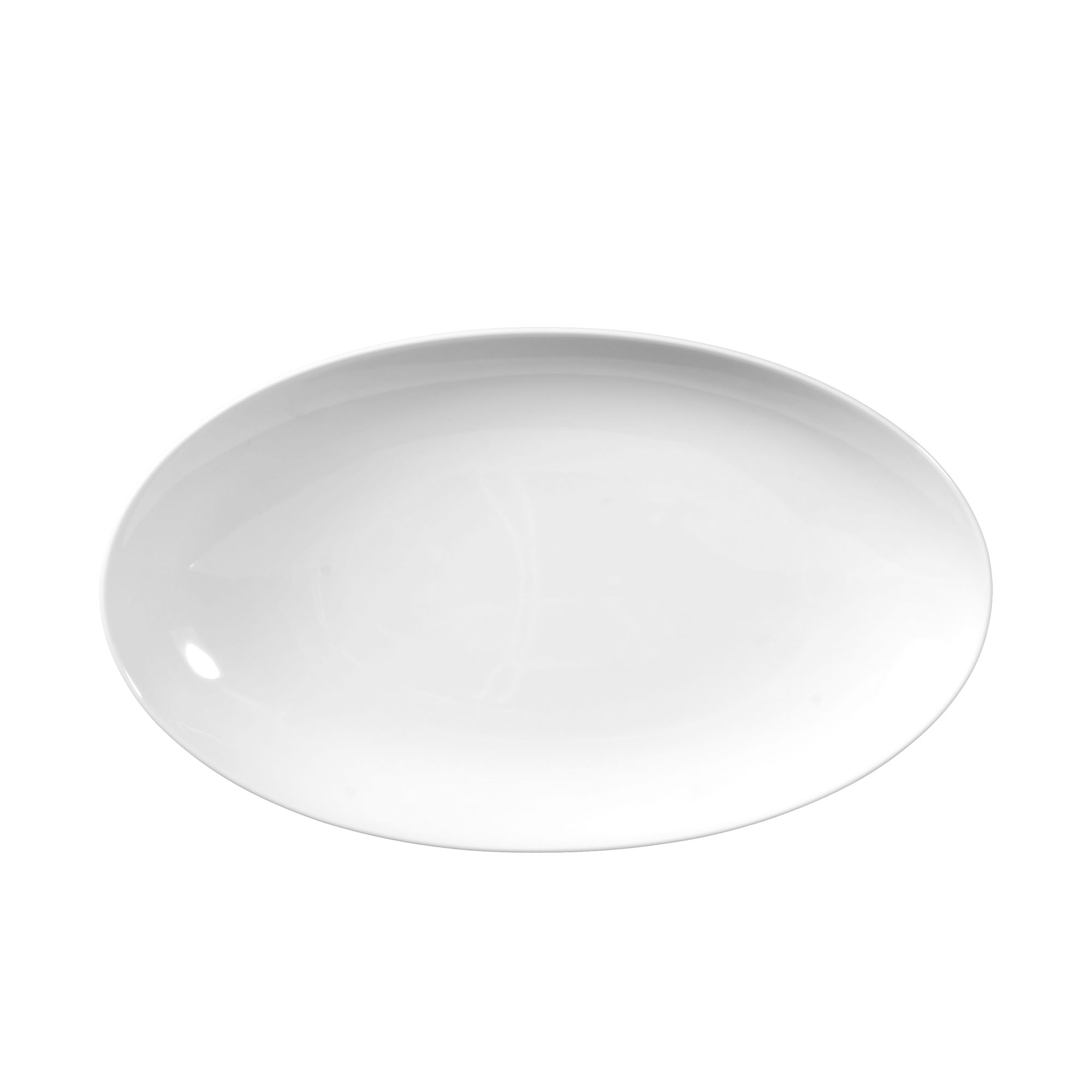 Servierplatte in Weiß; Draufsicht. Sichtbare Gestaltung: oval, flach und mit leicht erhöhtem Rand.