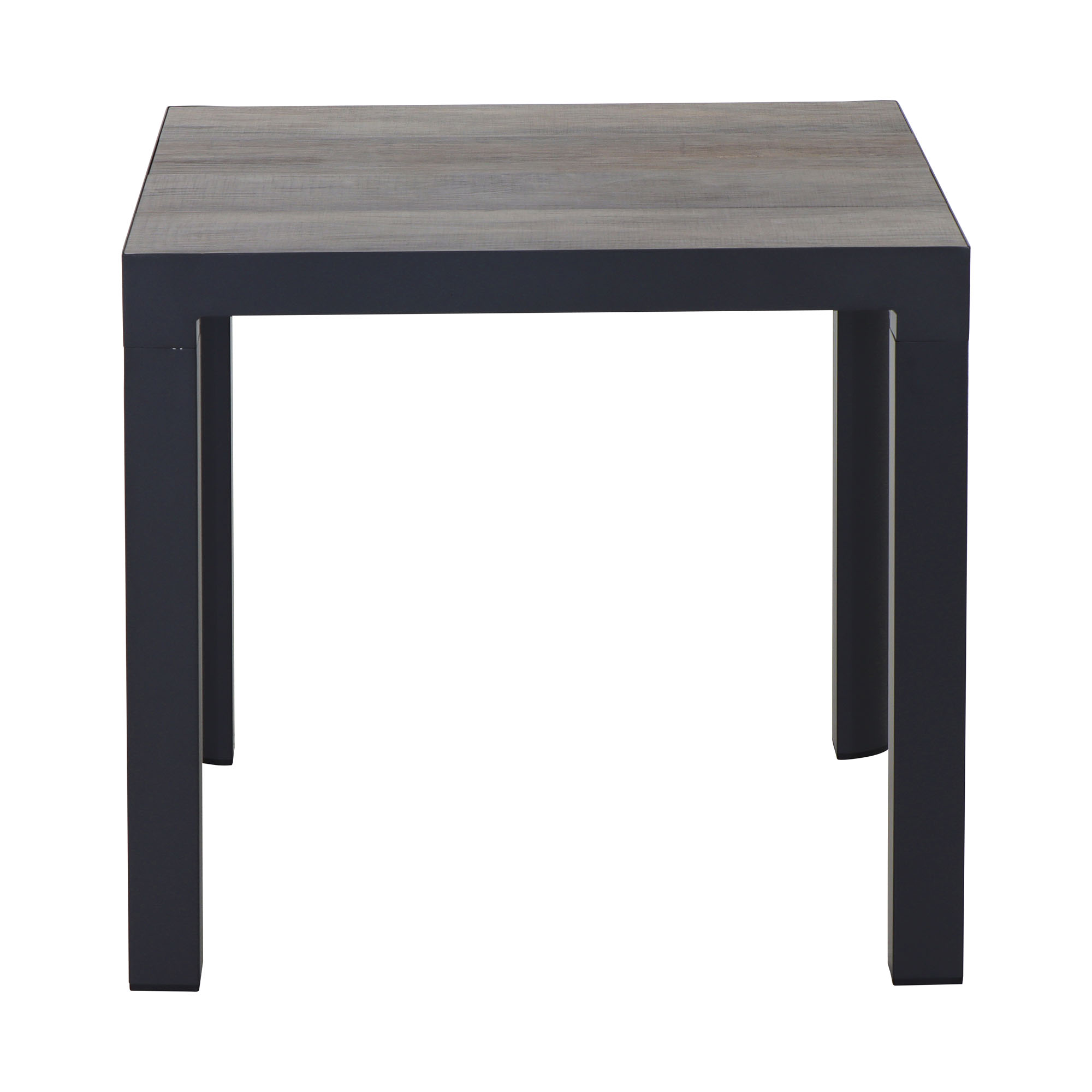 Ein quadratischer Tisch mit dunklem Gestell und Holzoptikplatte, frontal von vorne fotografiert.