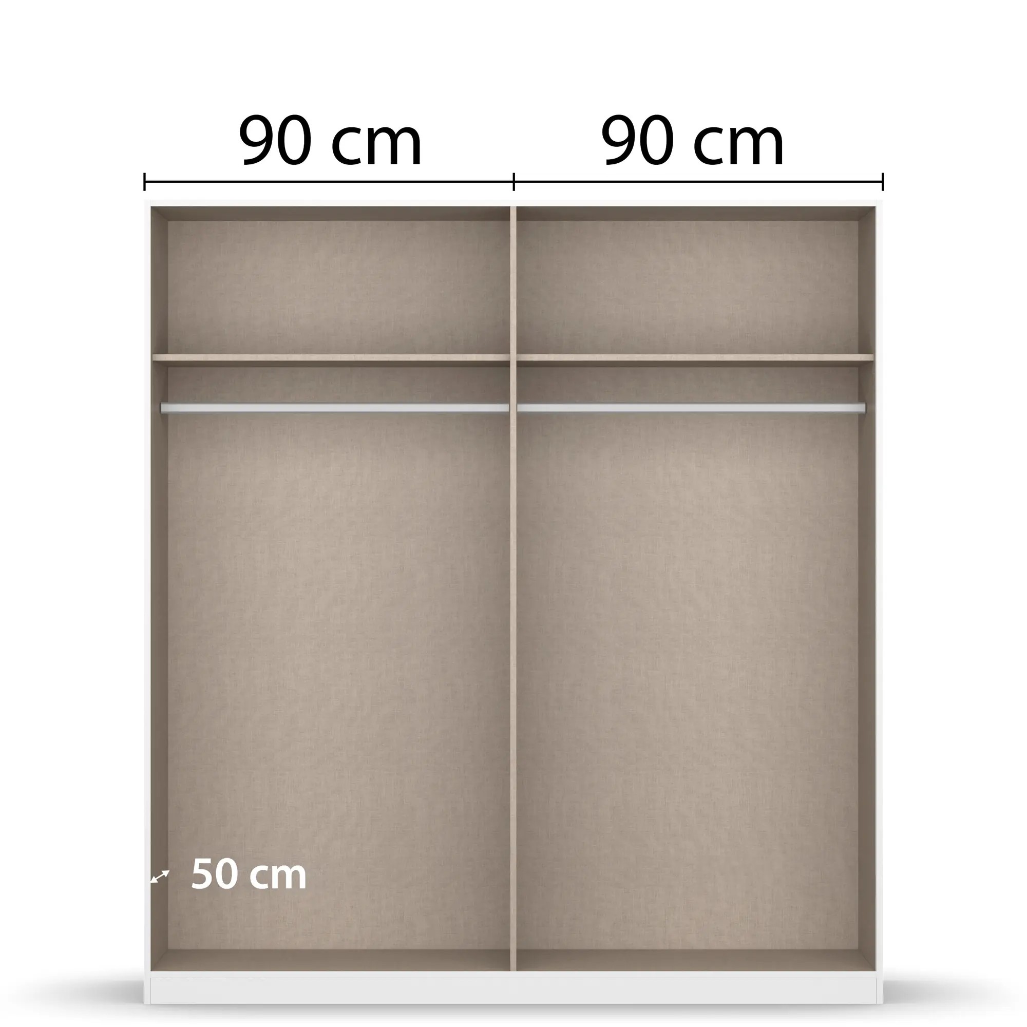 Innenansicht eines 4-türigen Kleiderschranks mit zwei Bereichen, Einlegeböden und Kleiderstangen, jeweils 90 cm breit