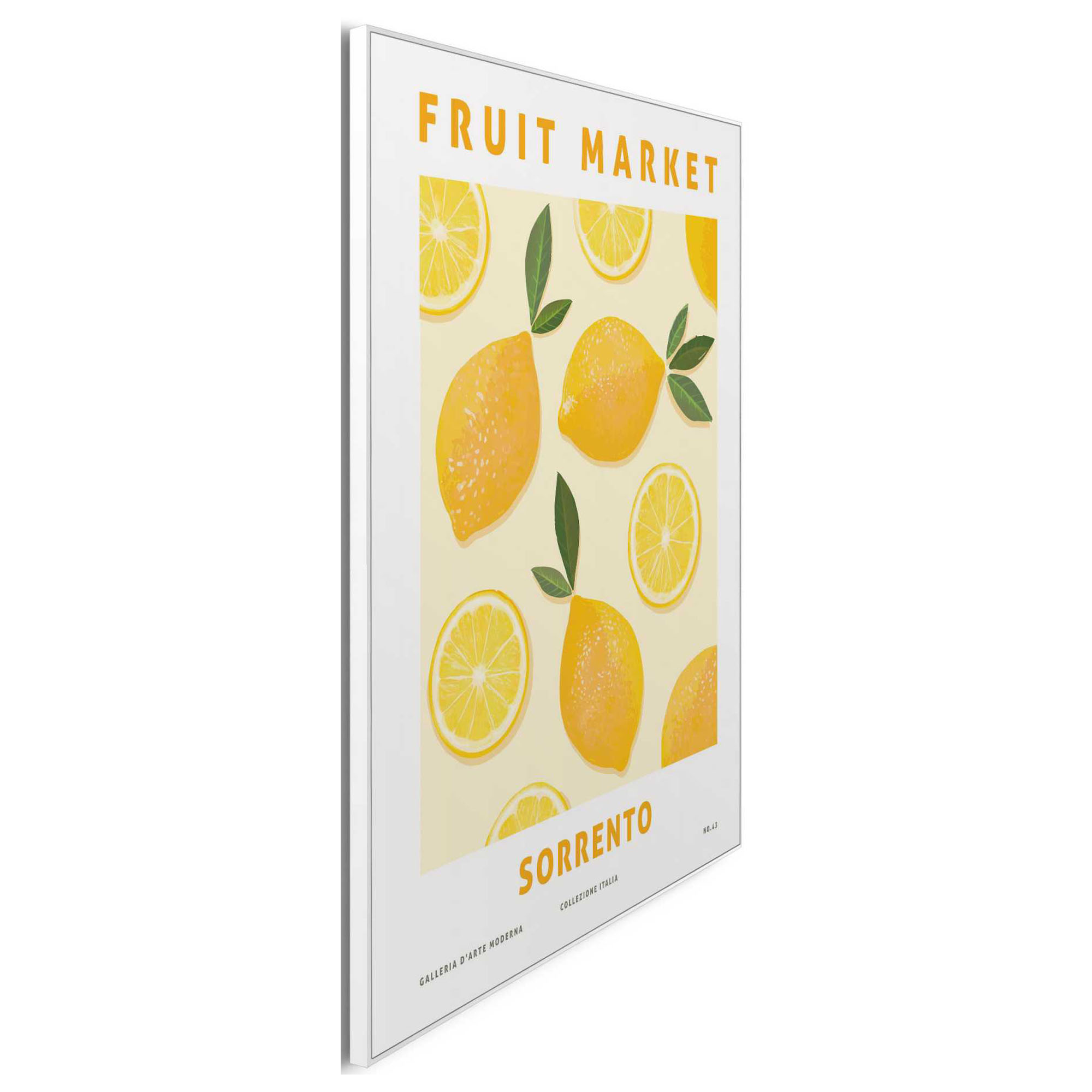 Seitliche Schrägansicht des Wandbilds „Sorrento Lemons“, 40 × 50 cm; Profil, Kante und Tiefe des Bildes sind erkennbar.