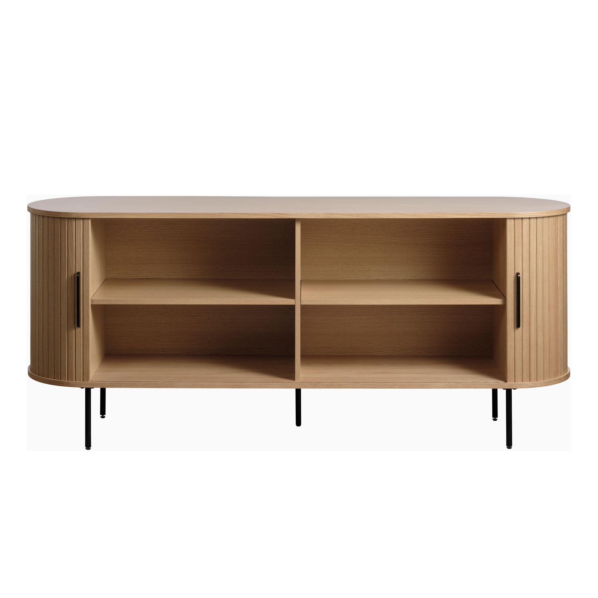 Sideboard in Holzoptik mit vollständig geöffneten Schiebetüren, vier gleichgroße Fächer sichtbar.