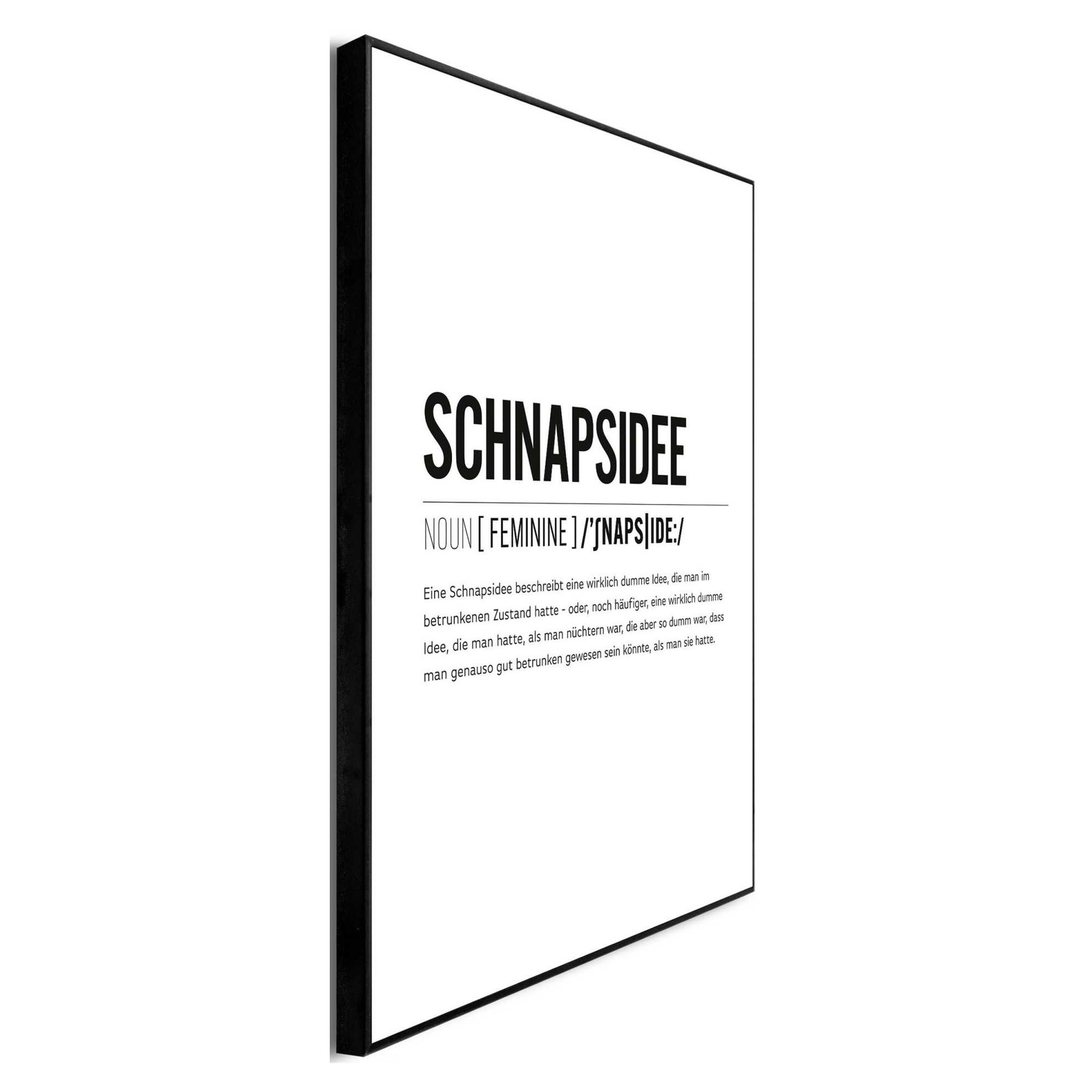 Seitliche Schrägansicht des Wandbilds „Schnapsidee“, 30 × 40 cm; Profil, Kante und Tiefe des Bildes sind erkennbar.