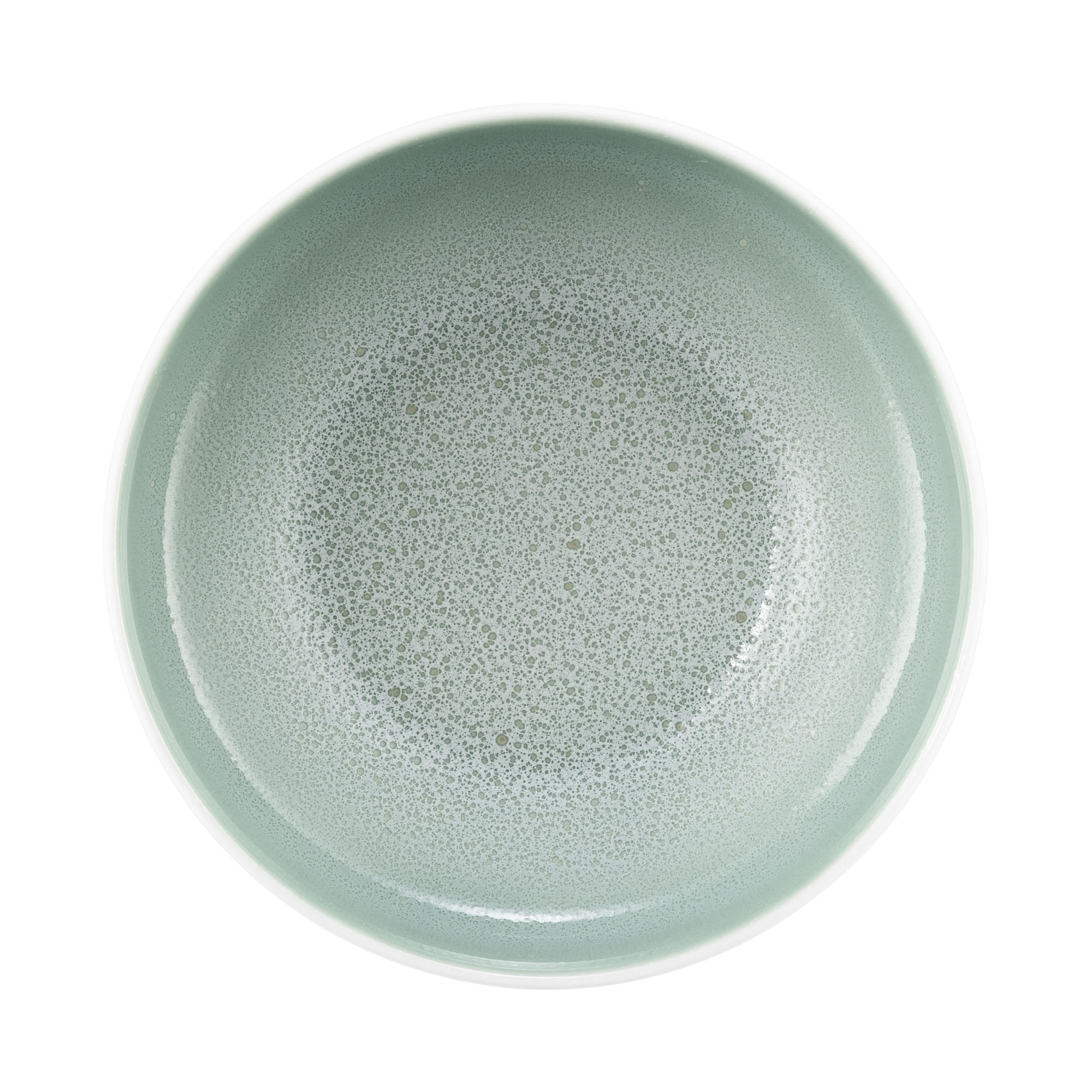 Schale in Weiß und Mint. Sichtbare Merkmale: flache Form mit weißer Außenseite und mintfarben gesprenkeltem Innenraum. Darstellung: Draufsicht.