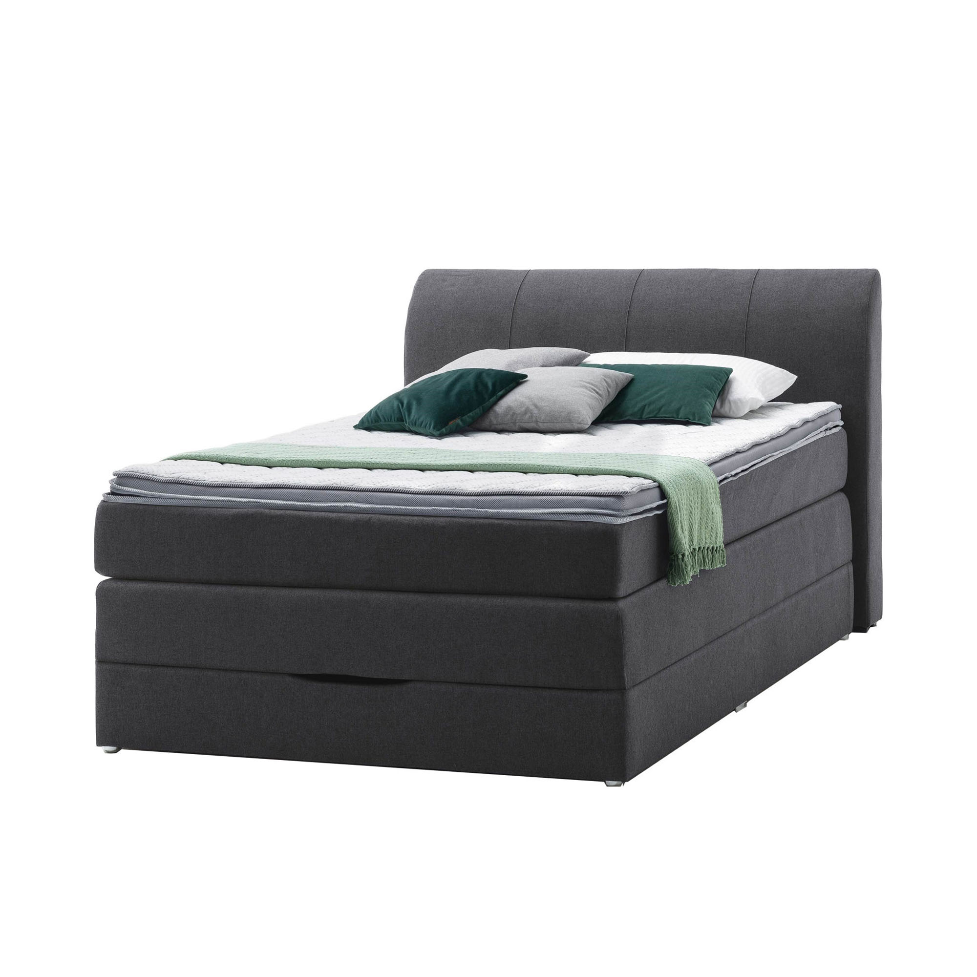 Boxspringbett mit hohem gepolstertem Kopfteil in schräger Ansicht von links mit mehrlagiger Matratze und dekorativen Kissen