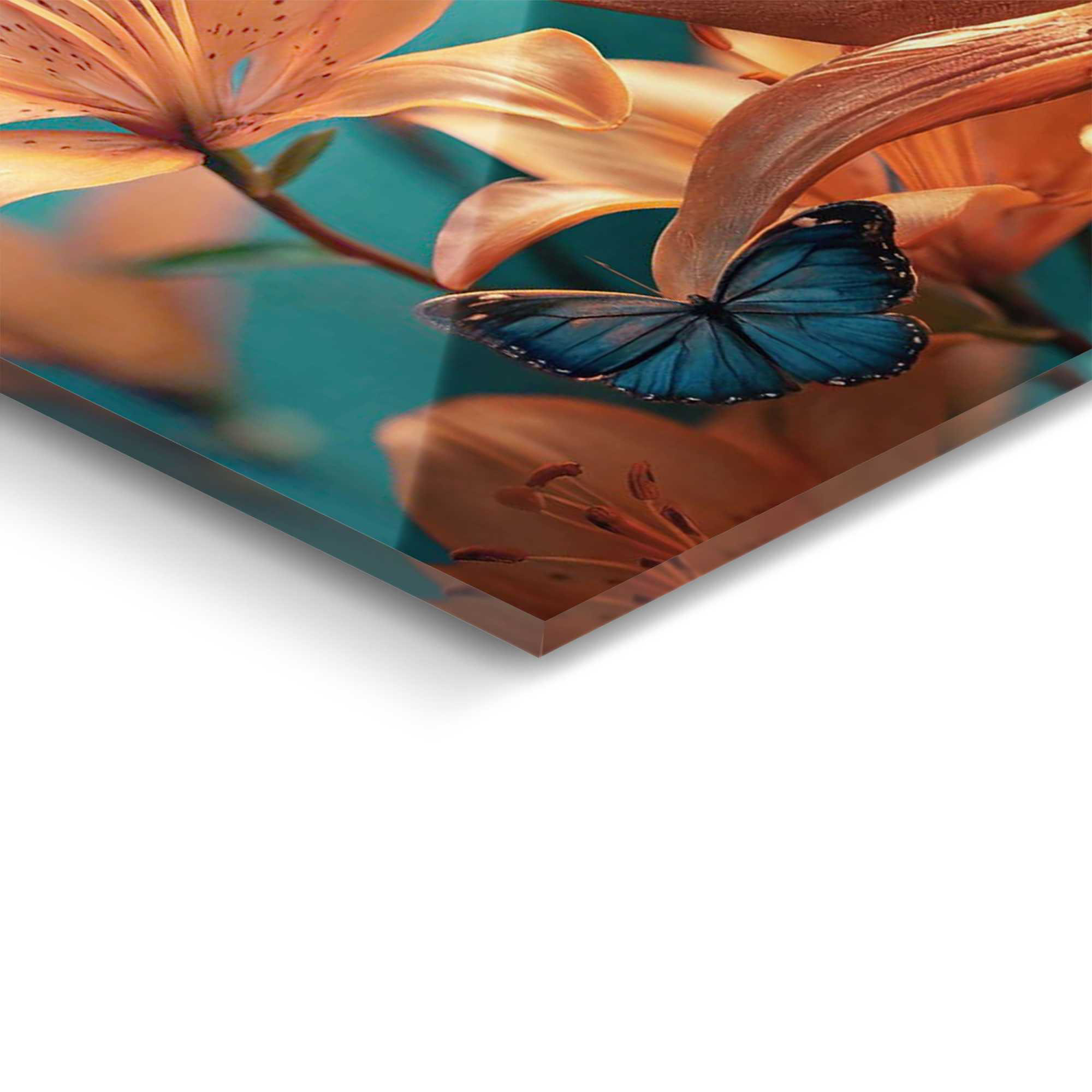 Detailaufnahme einer Ecke des Wandbilds „Wonderful Birds“, 78 × 116 cm; Oberfläche, Kante und Materialstärke sind sichtbar.