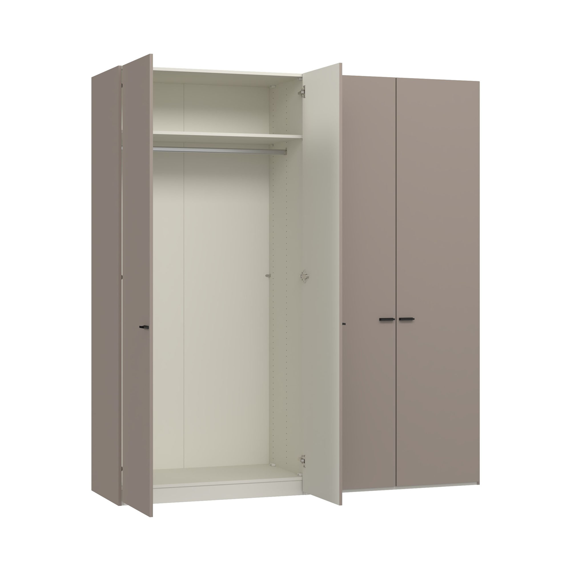 Kleiderschrank mit geöffneter Drehtür und sichtbarer Innenaufteilung