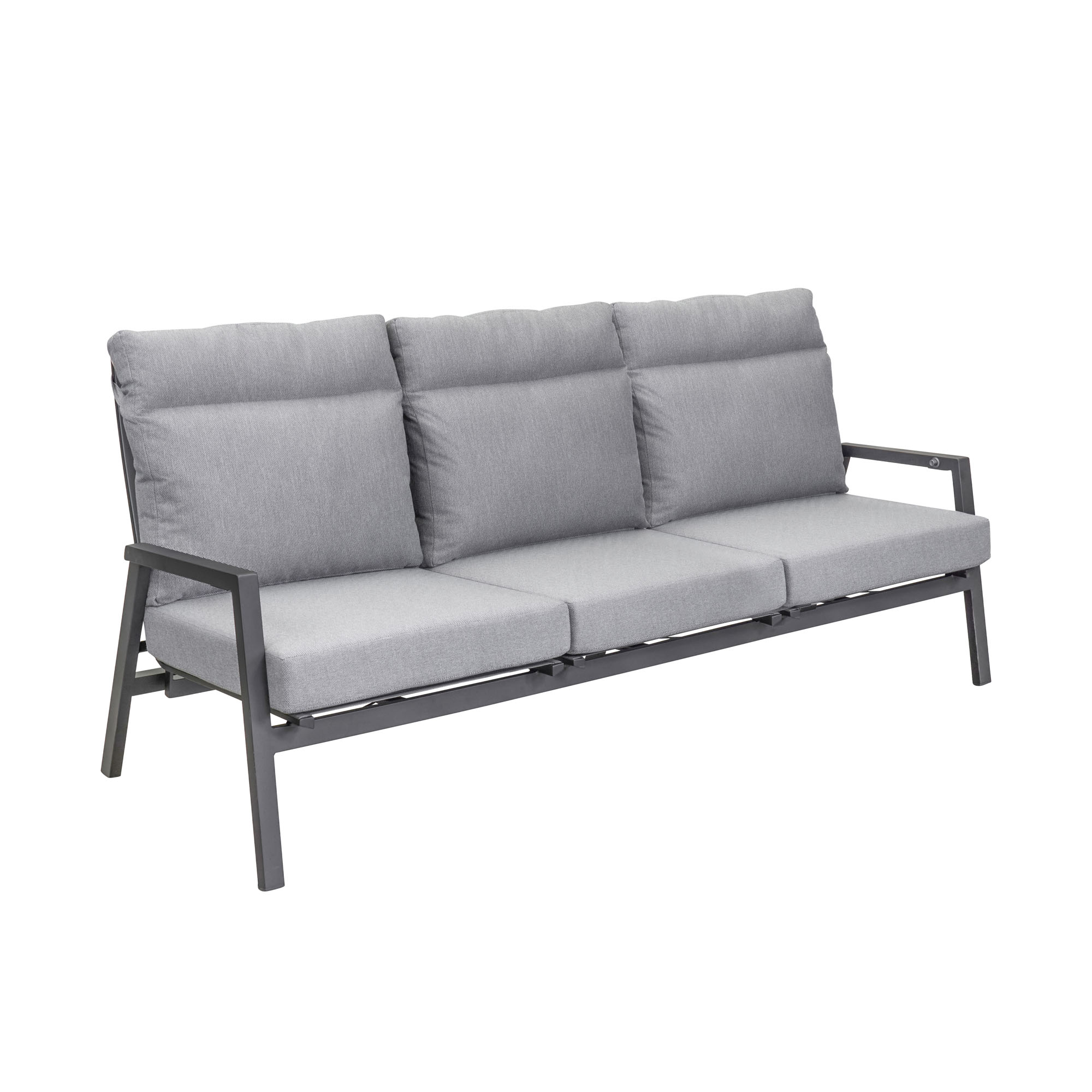 Gartensofa mit drei Sitzplätzen und Polsterauflagen vor weißem Hintergrund