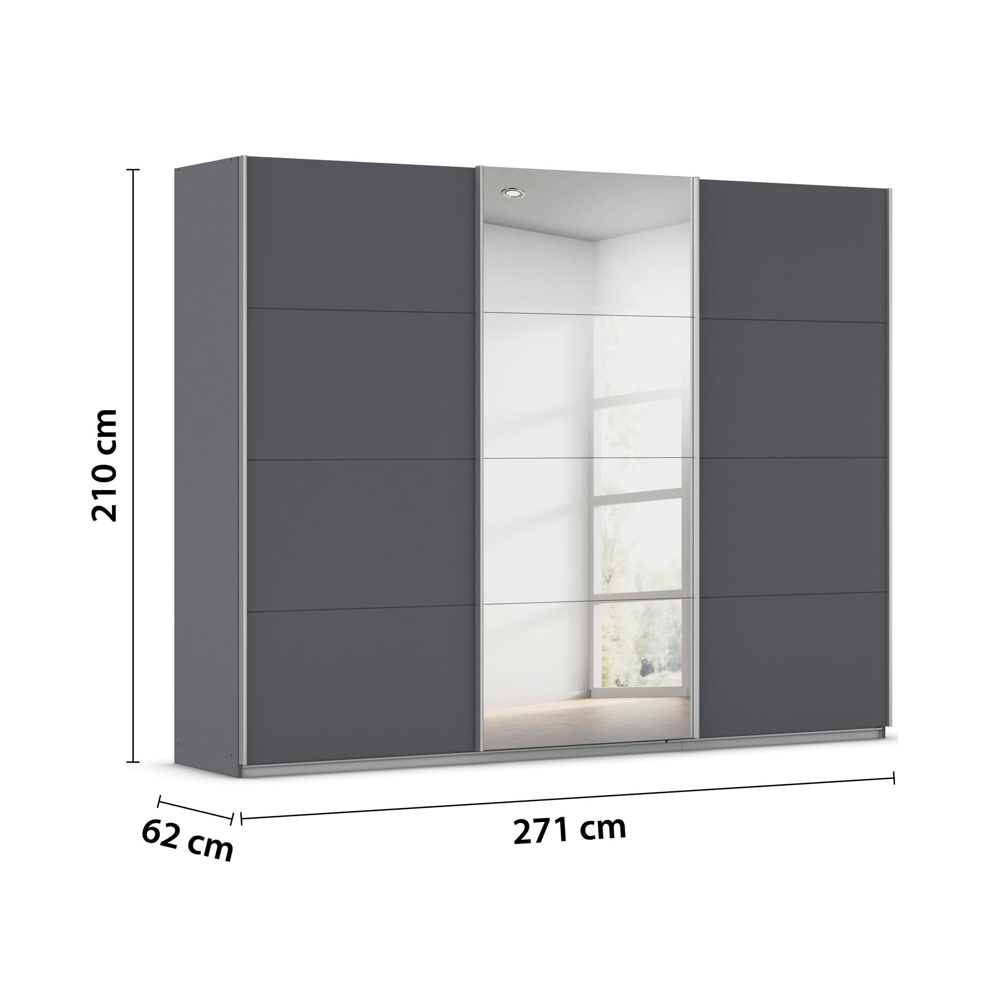 Bemaßter Kleiderschrank mit 271 cm Breite, 210 cm Höhe und 62 cm Tiefe
